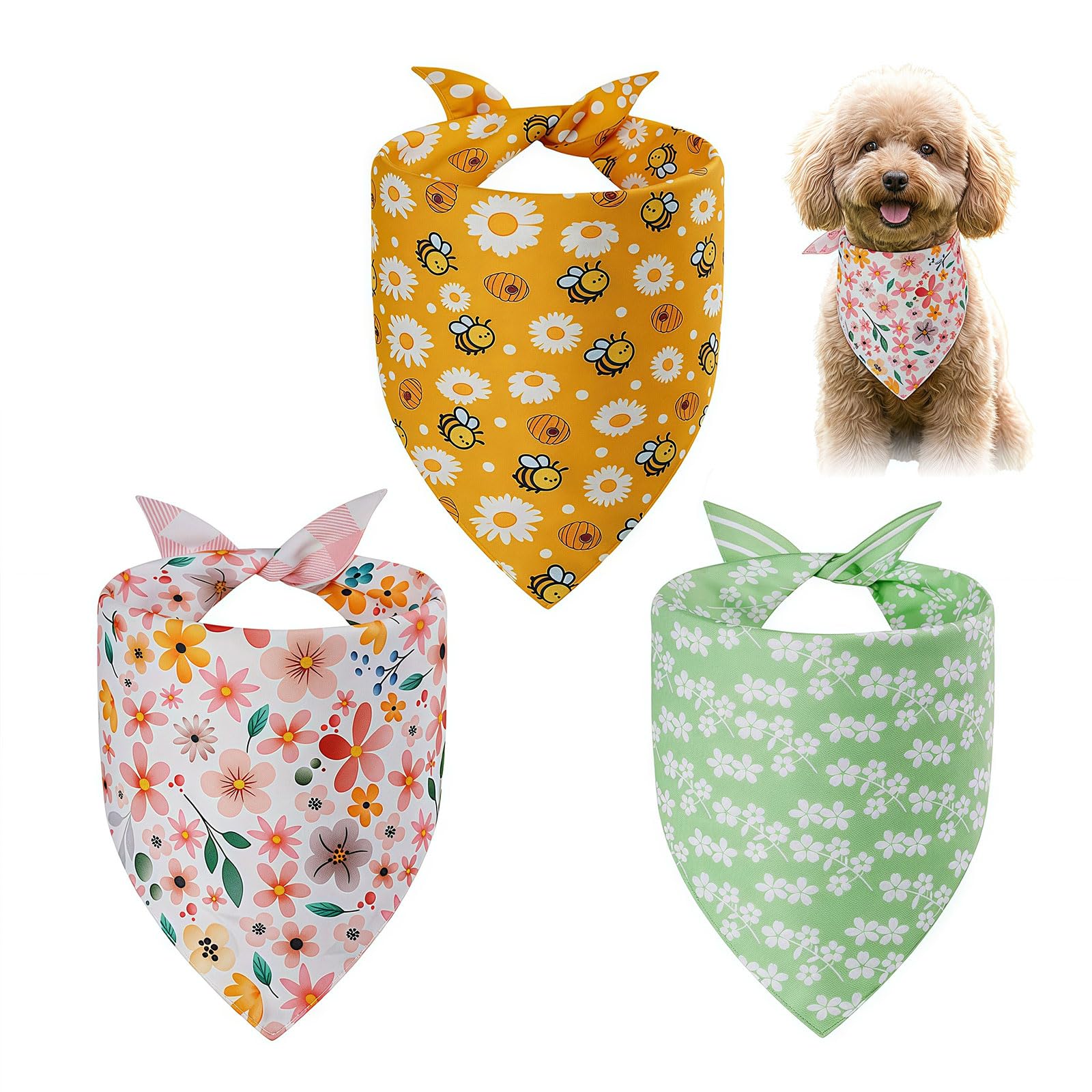 Rokahebi 3PCS Dog Bandanas XLarge – Reversible Cute Dog Bandanas Scarf for Medium Large Dogs, Floral Puppy Pet Dog Bandana Set