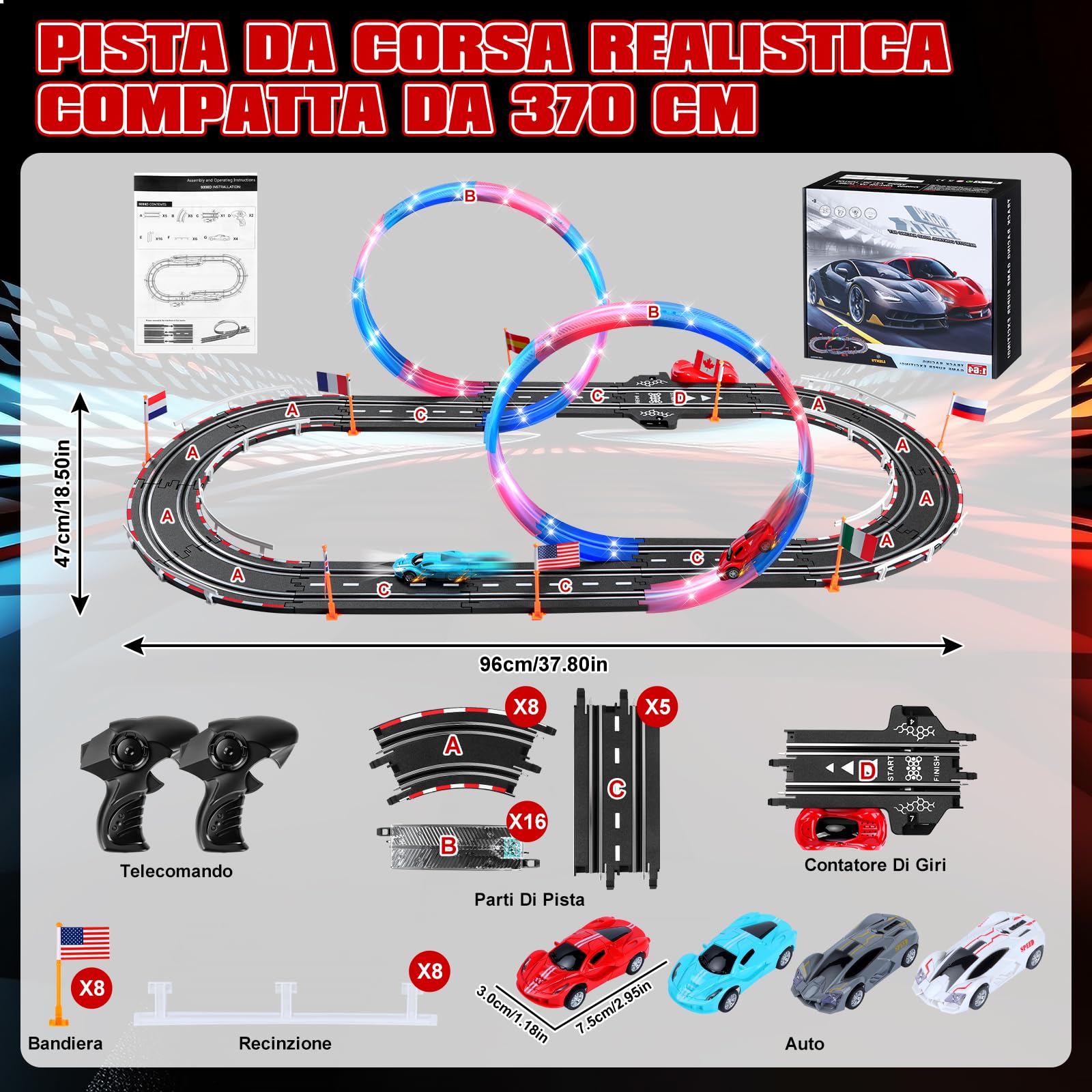 Piste Corsa Elettriche, Illuminato Pista Macchinine Piste Auto Bambini - 4 LED Macchine, Spina, 360° Cerchio, Comandi, Contatore, Piste Corsa Bambini 3 4 5 6 7 8 Anni Giocattoli Regali (S)