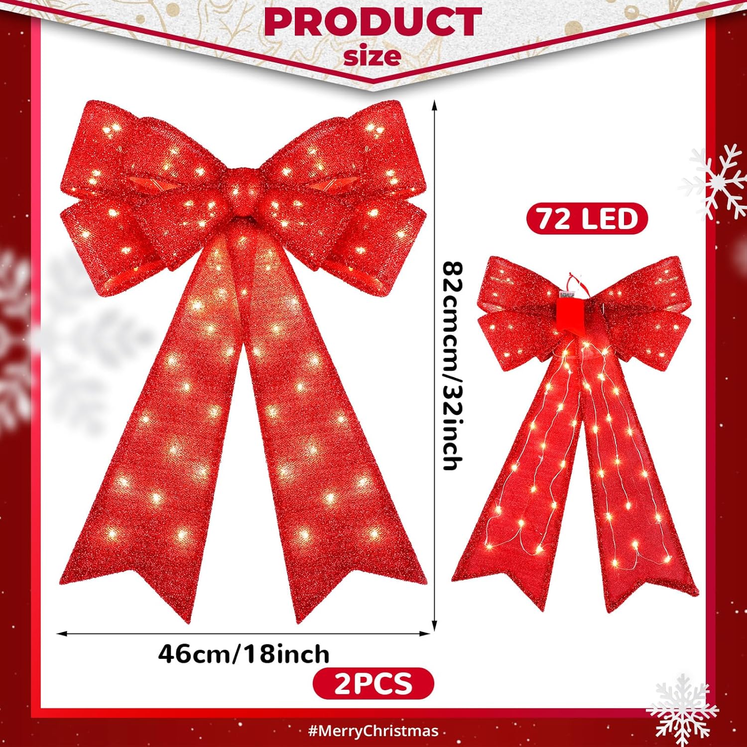 Liliful 2 Pieces 18 x 32 in LED Christmas Wreath Bows Extra Large Bows 72 LED Lights Wreath Huge Bow Door Wall Xmas Tree Top Decor for Indoor Outdoor Winter Xmas Party - Image 2