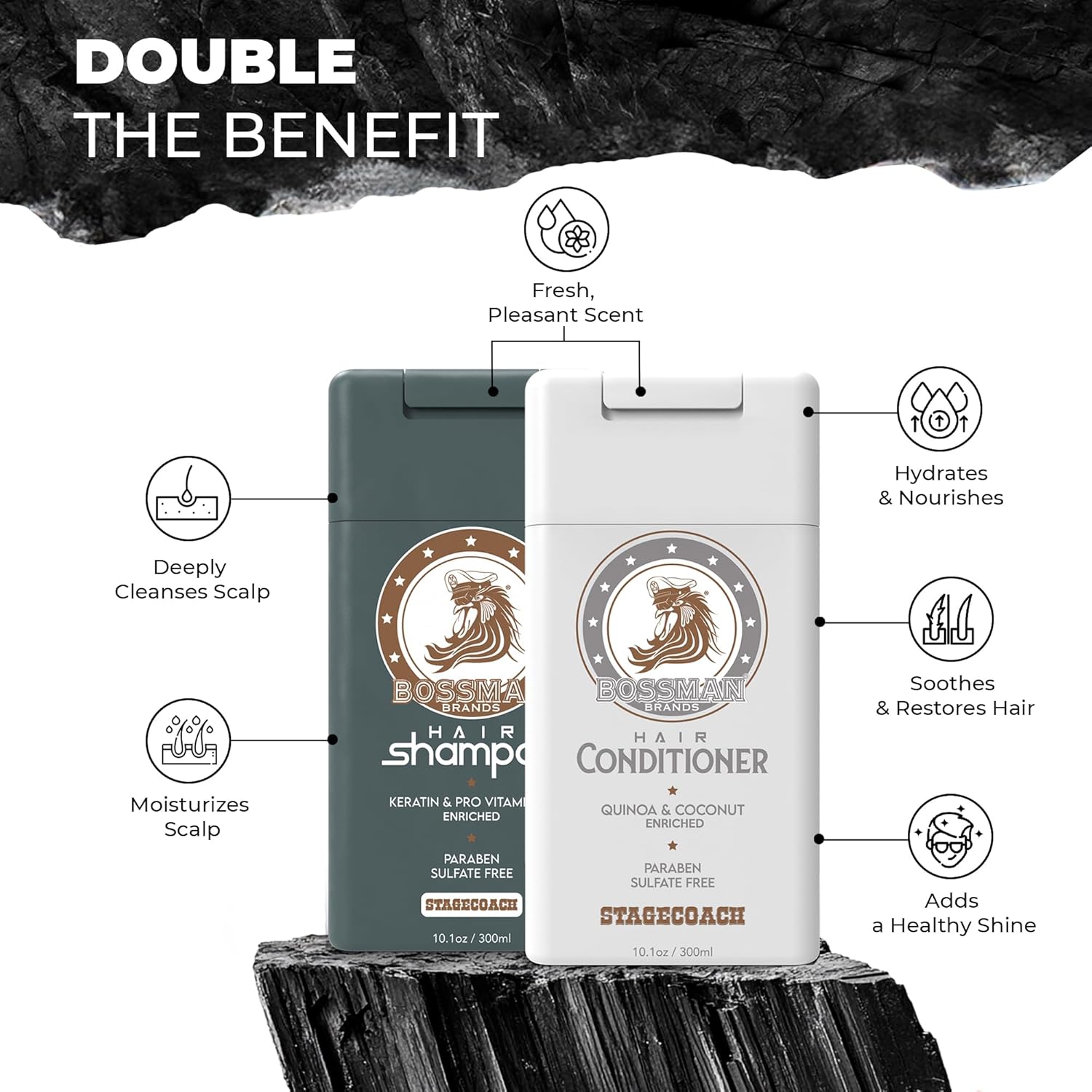 Bossman Hair Shampoo and Conditioner Combo - Hydrating, Strengthening, and Soothing Formula for Men's Hair - Paraben Free & Sulfate Free (Stagecoach) - Packaging May Vary - Image 3