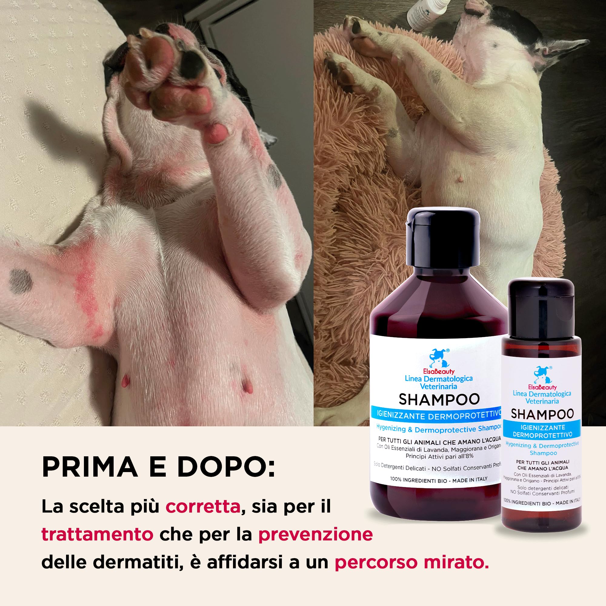 Shampoo Igienizzante Dermoprotettivo per Cani e Gatti, Cute Sensibile e Dermatite, 100% Attivi Naturali,