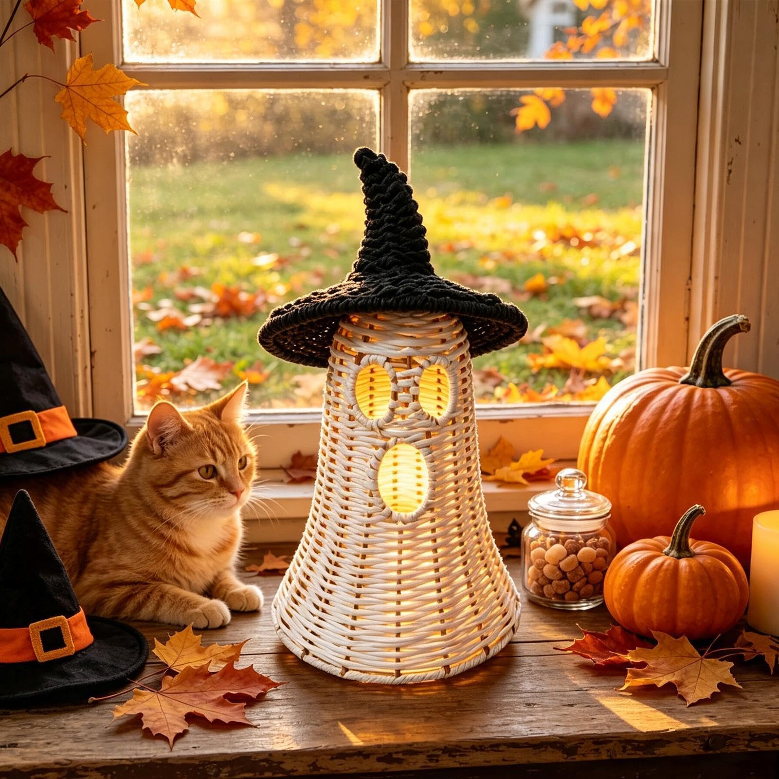Fantasma Di Halloween Luminoso Vintage Autunnale Intrecciato con Cappello | Statuina Fantasma Halloween Con Luce Per Mensola Camera Da Casa ta Biblioteca Comodino Appassionati