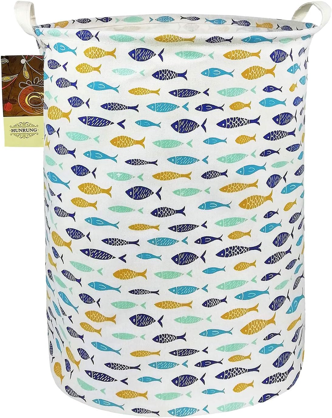 HUNRUNG Laundry Hamper,Large Canvas Fabric Lightweight Storage Basket Toy Organizer Dirty Clothes Collapsible Waterproof for College Dorms, Children Bedroom,Bathroom（Round-Fish）