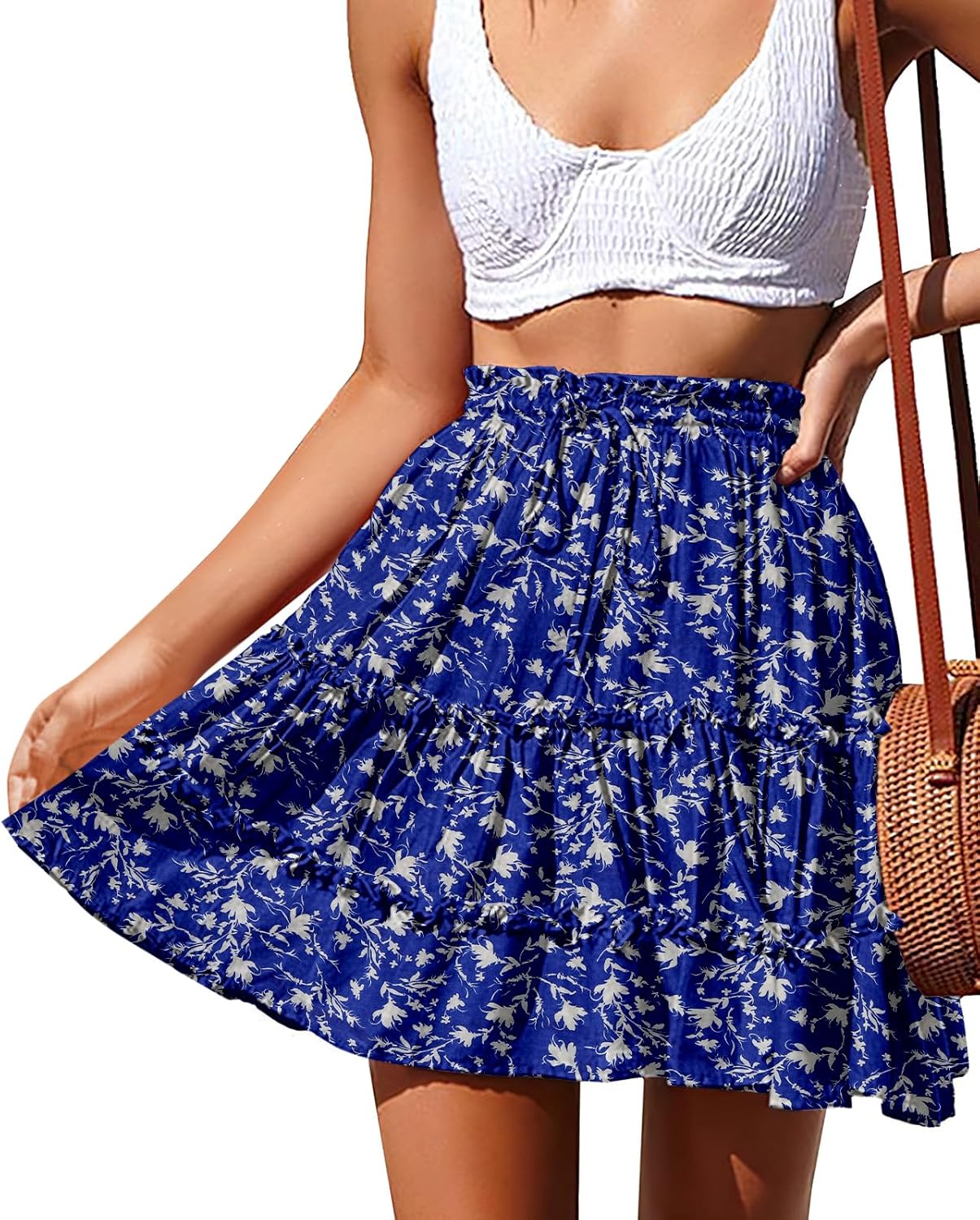 NASHALYLY Women's Summer Boho Floral Print Mini Skirt High Waist Drawstring Tiered Skirts