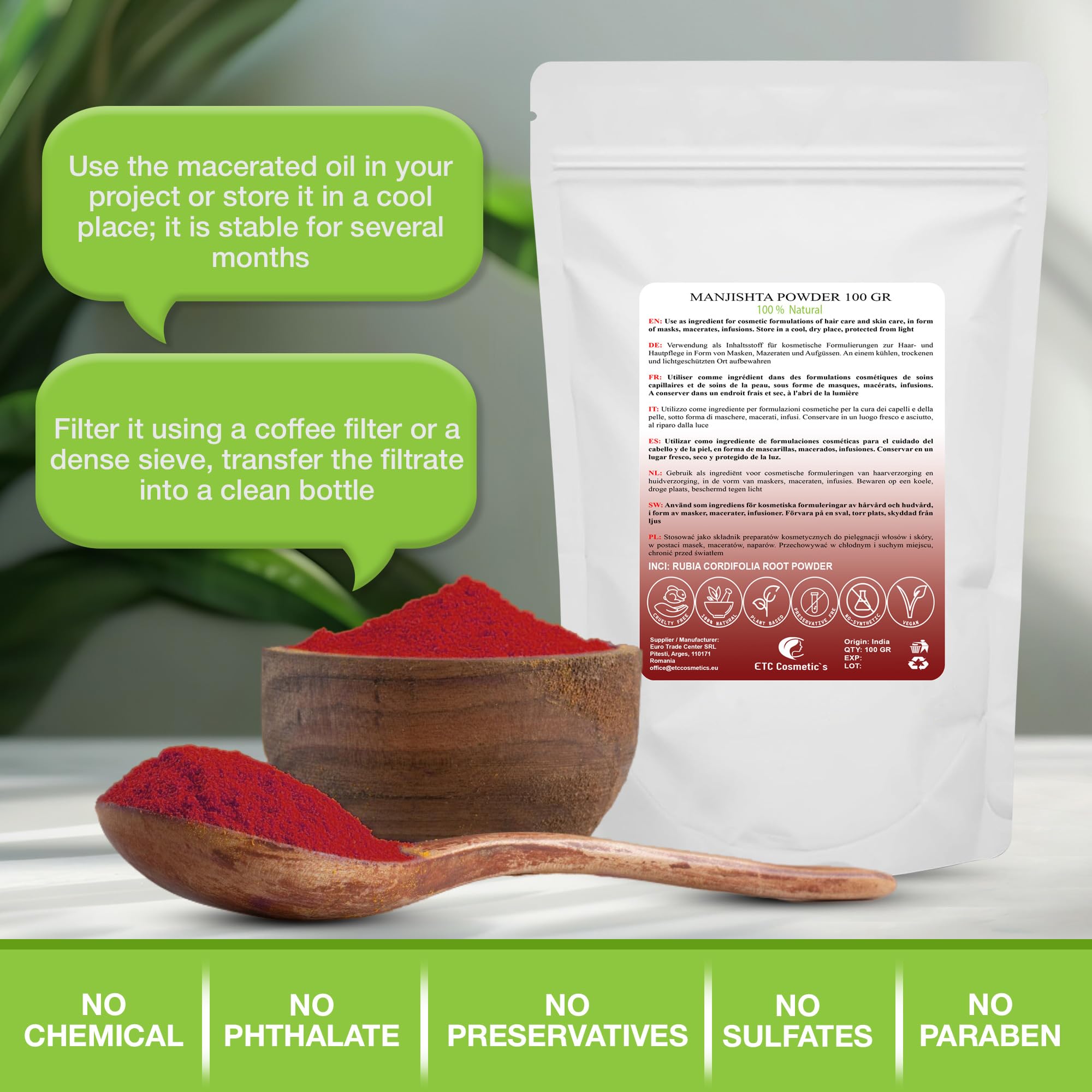 POUDRE DE MANJISTHA - 100% naturel - utilisé dans les formulations de soins de la peau et des cheveux, masque facial végétalien naturel (100 gr) (Lot de 2)