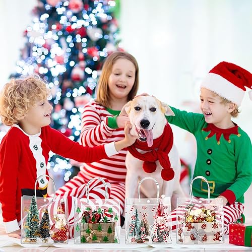 Miniatura 6 de Zhanmai 24 bolsas de regalo de plástico transparente de Navidad con asa, bolsas reutilizables para envolver regalo, árbol de Navidad, pan de