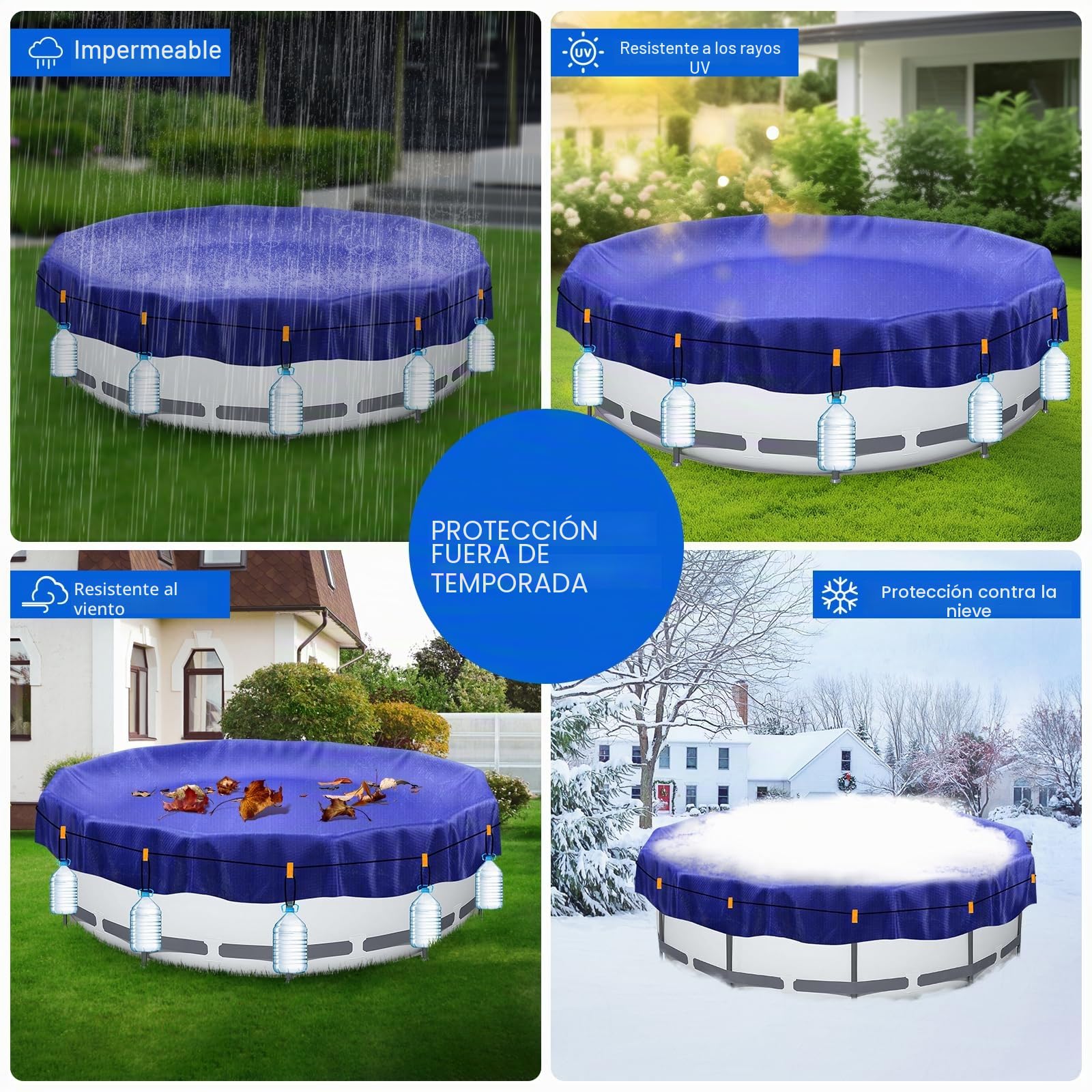 Cubierta de piscina redonda de 460 cm (para diámetro de 420 – 460 cm) | 2 en 1 cubierta de piscina resistente a los rayos UV, lona solar para verano e invierno, cubierta redonda para piscina de metal