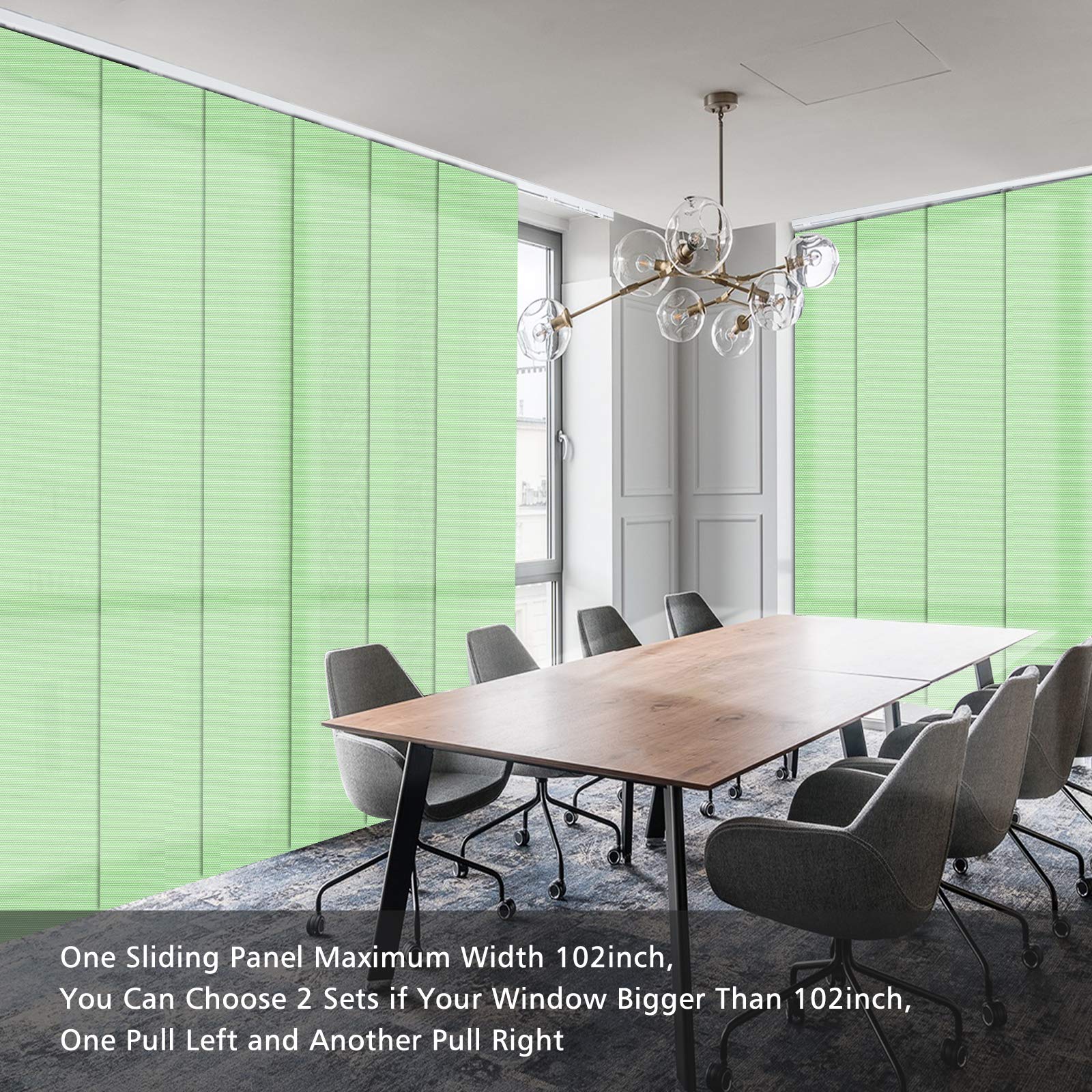 HousCa Sliding Panel Track Blind, Green Adjustable Light Filtering Custom Cordless Vertical Blinds, UV Protection Window Blinds for Sliding Doors, Large Windows, Open Spaces and Room Dividers