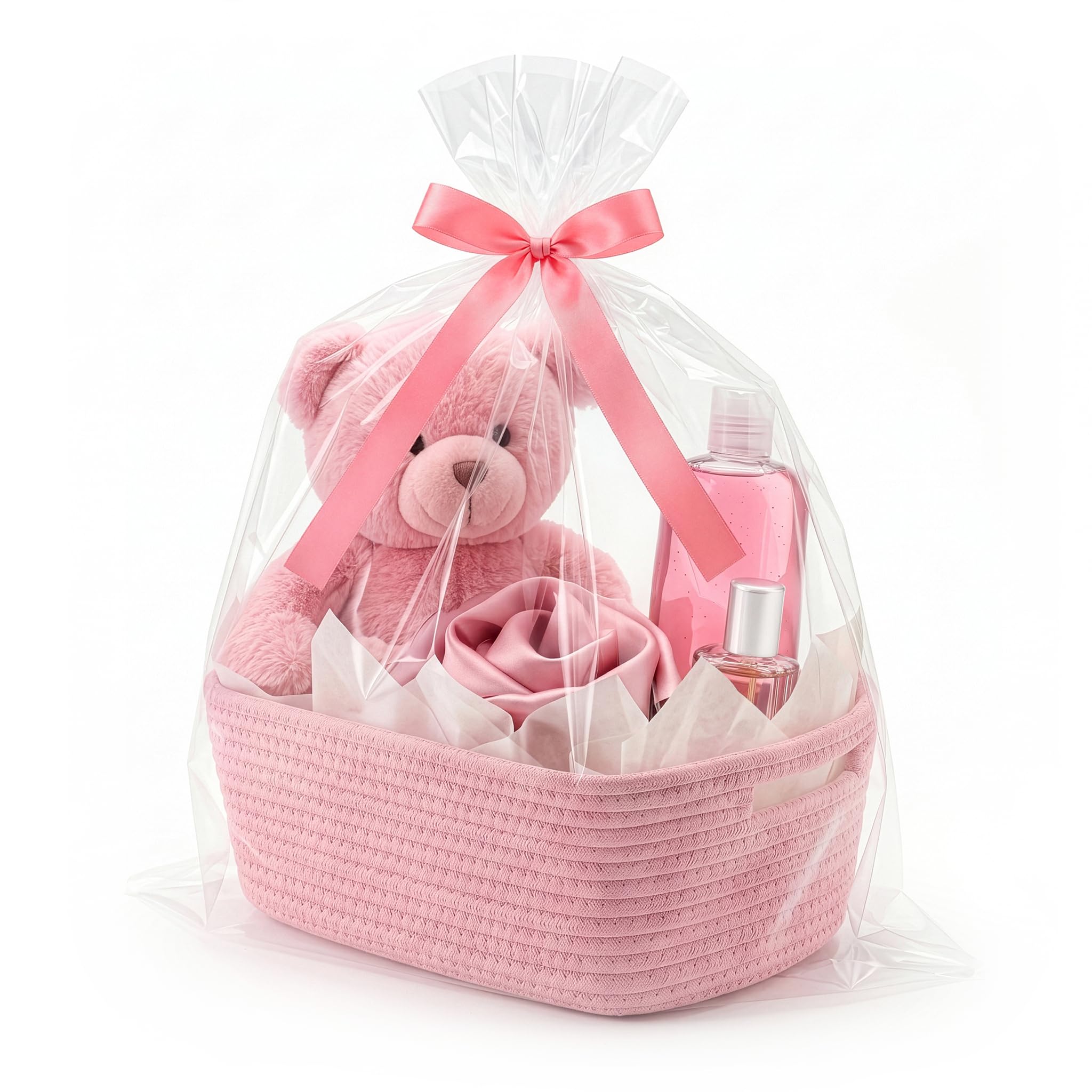 VIRETH HAUS Small Woven Basket with Gift Bag, Ribbon, Wrap Tissue Papers – Empty Gift Baskets to Fill for Valentines, Baby Shower, Easter, Christmas Day, Decorative Storage Bins for Toys