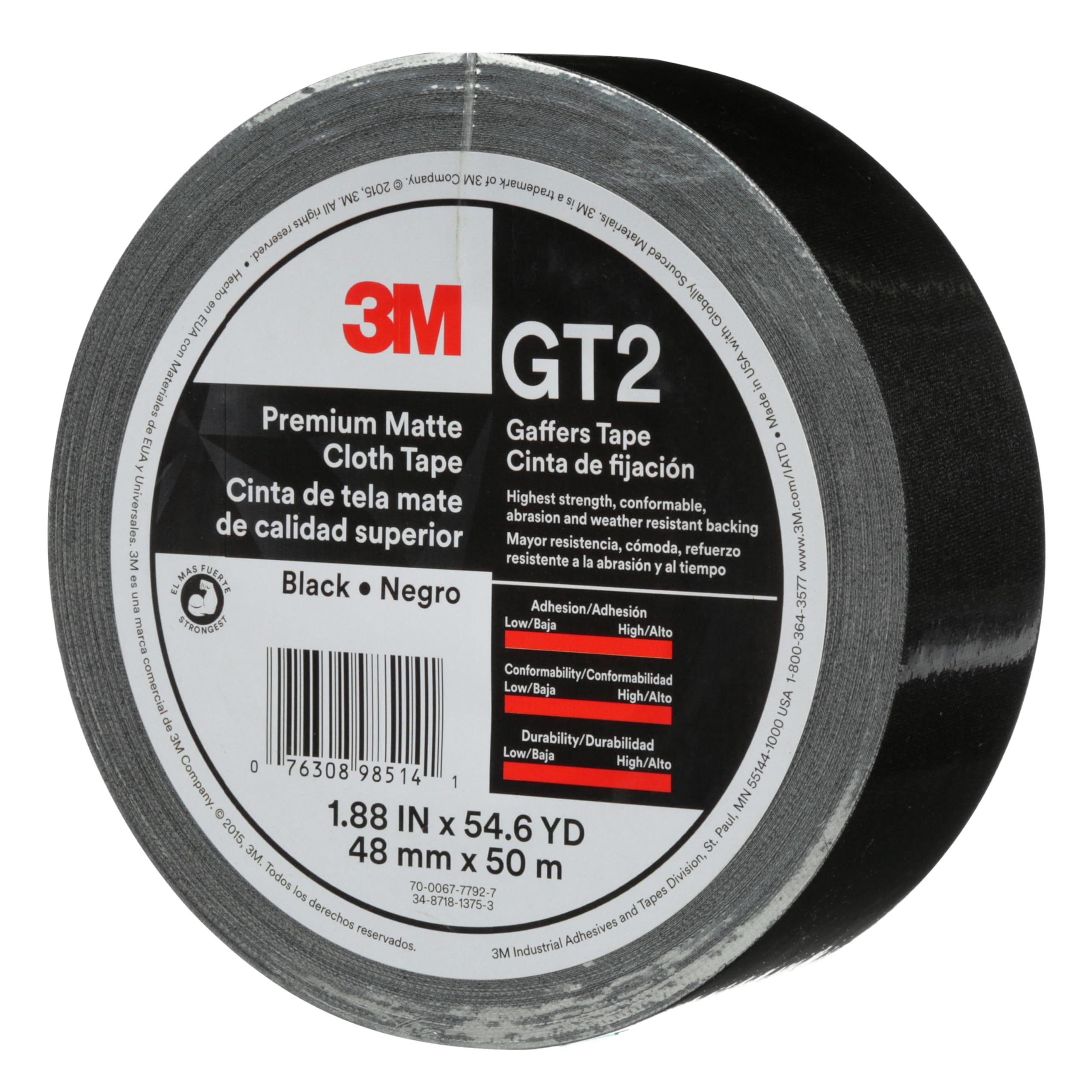 3M Premium Gewebe-Gaffers Tape GT2, schwarz, 48 mm x 50 m, 11 mil