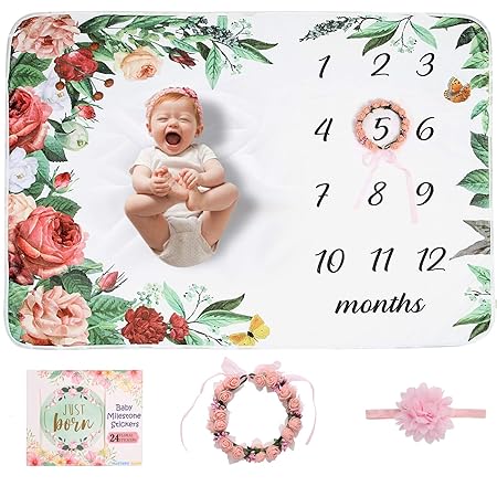 Baby Monthly Milestone Blanket | Milestone Stickers & Floral Wreath & Headband | Extra Soft Wrinkle-Free | Best Photography Backdrop Photo Prop for Newborn | Baby Girl