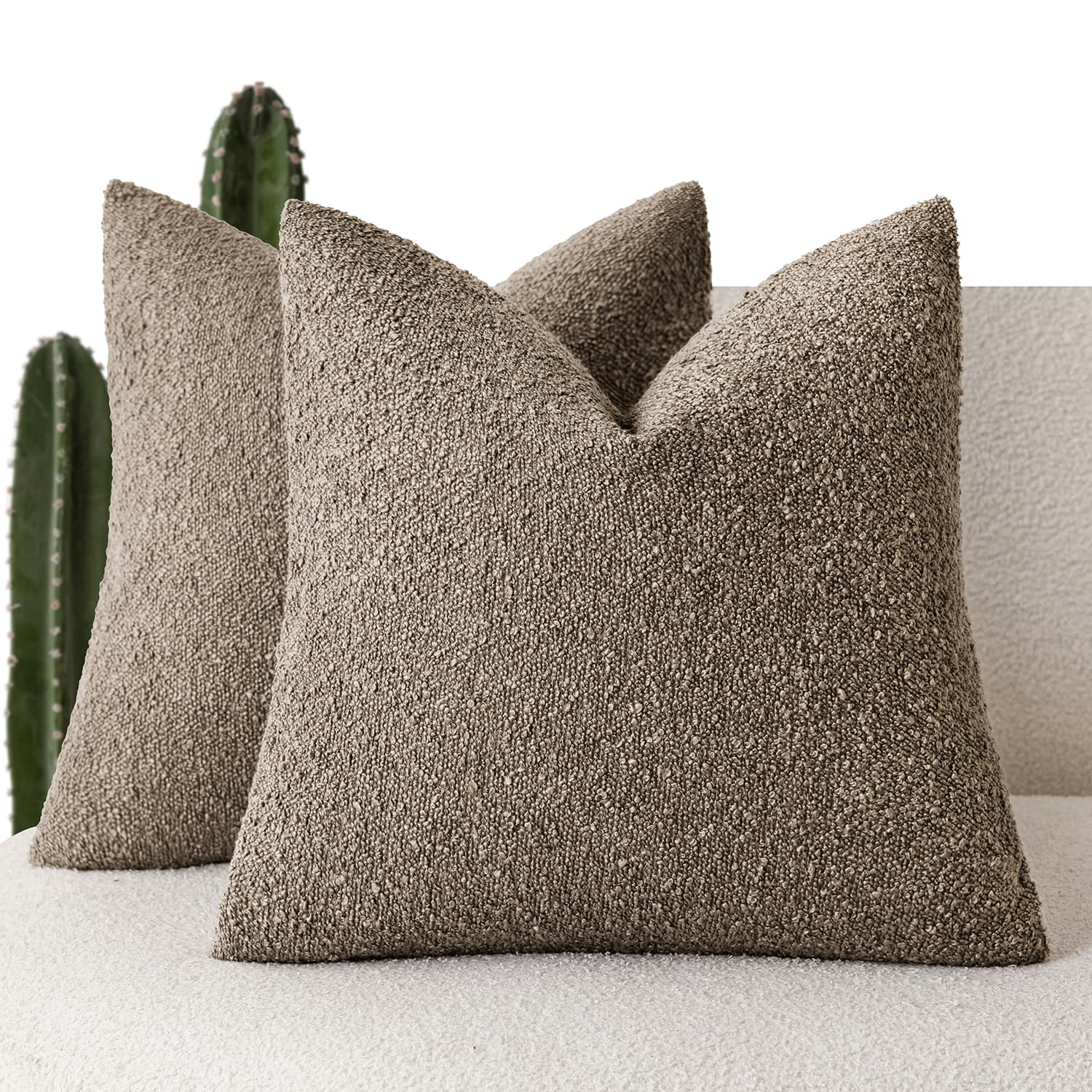 Foindtower Pack of 2, Decorative Textured Boucle Throw Pillow Covers Neutral Accent Solid Pillow Cases Cozy Soft Couch Cushion Case for Chair Sofa Bedroom Living Room Home Decor 22x22 Inch Light Brown — image 1