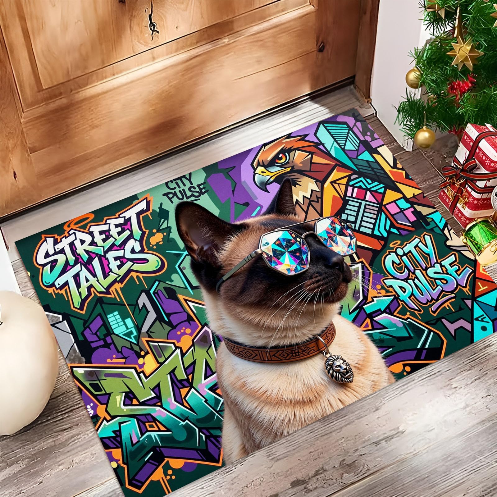 Felpudo Ultrafino Para Interiores, 80X120Cm, Animales Grafiti Callejero Alfombra Antideslizante Lavable Para Entrada, Gafas Sol Moda Gato Siamés Felpudo De Perfil Bajo, Atrapa Suciedad, Cian Oscuro