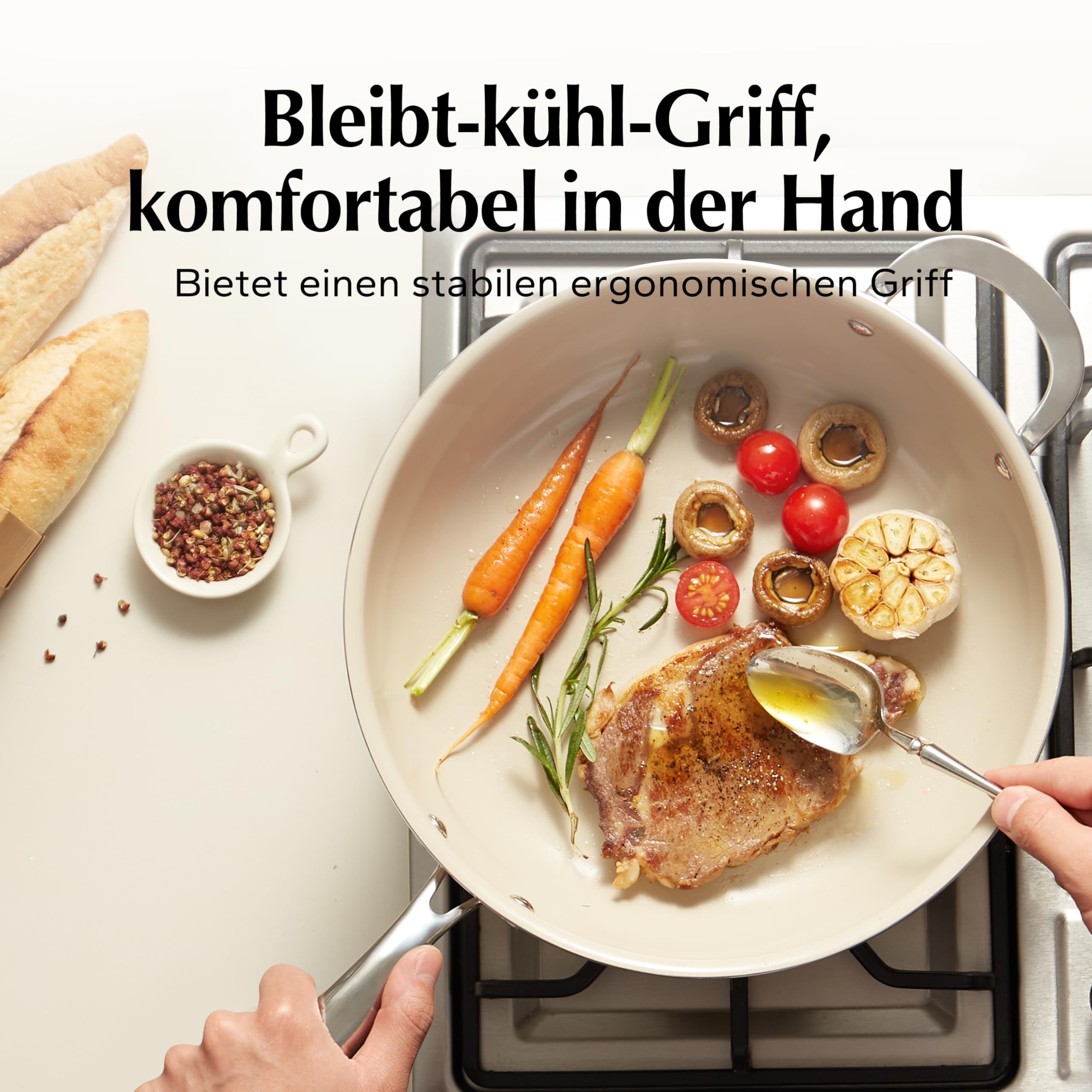 Redchef Sartén de 28 cm, sartén con tapa antiadherente de cerámica, sartén de inducción de cerámica con mango de acero inoxidable, sin PTFE, libre de PFOA, sin PFAS, apta para horno, apta para