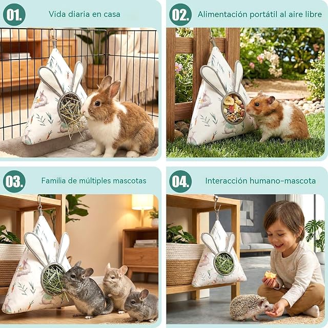 Foto 4 de 6 de Colenumone Bolsa de algodón suave para comedero de heno, bonito soporte triangular para heno con orejas 3D