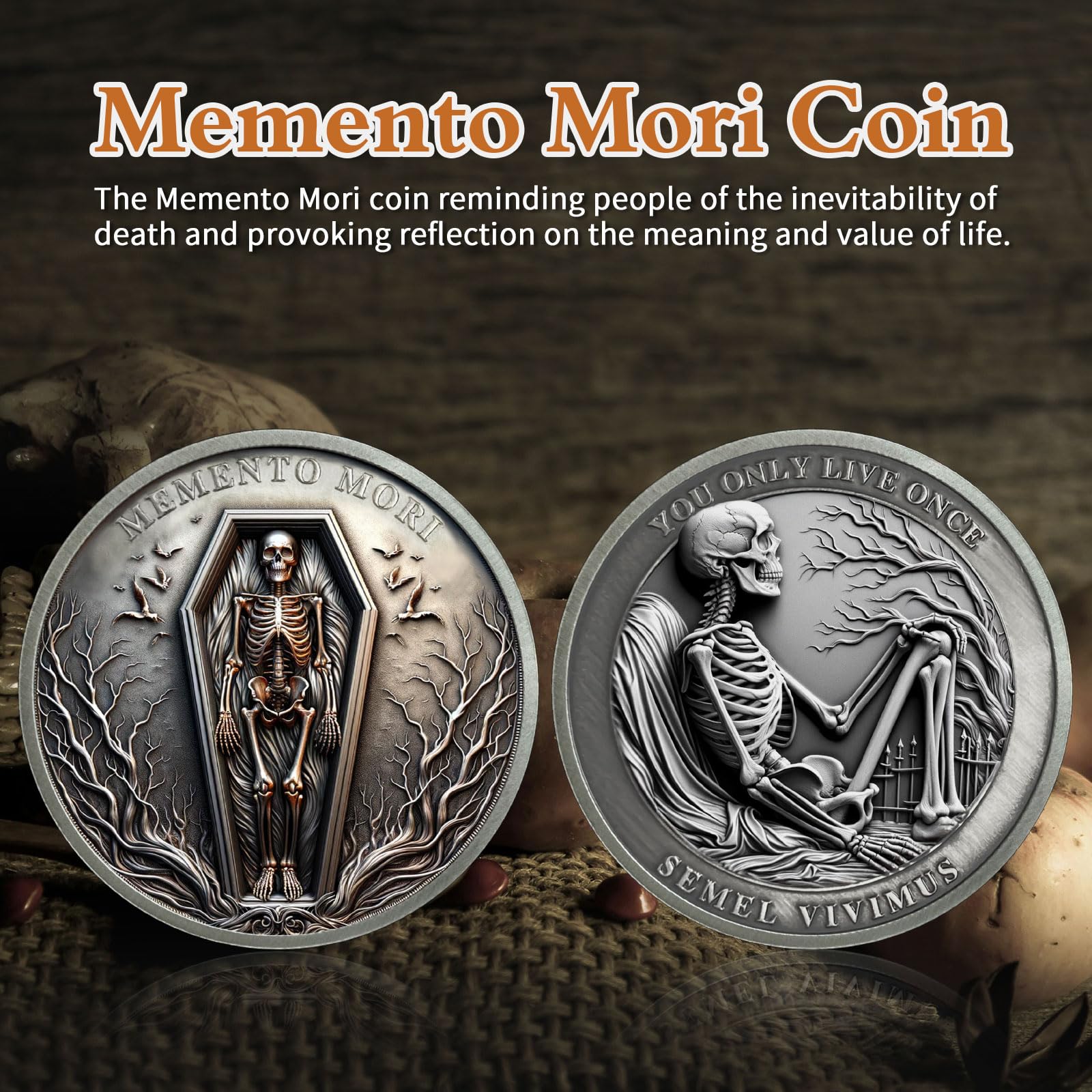 AtSKnSK Memento Mori Moneda Man vive solo una vez Calavera Moneda Desafío Moneda Regalo Genial con Tema Estoico Medallón Chip Regalo Estoico Regalo para Mujeres Hombres