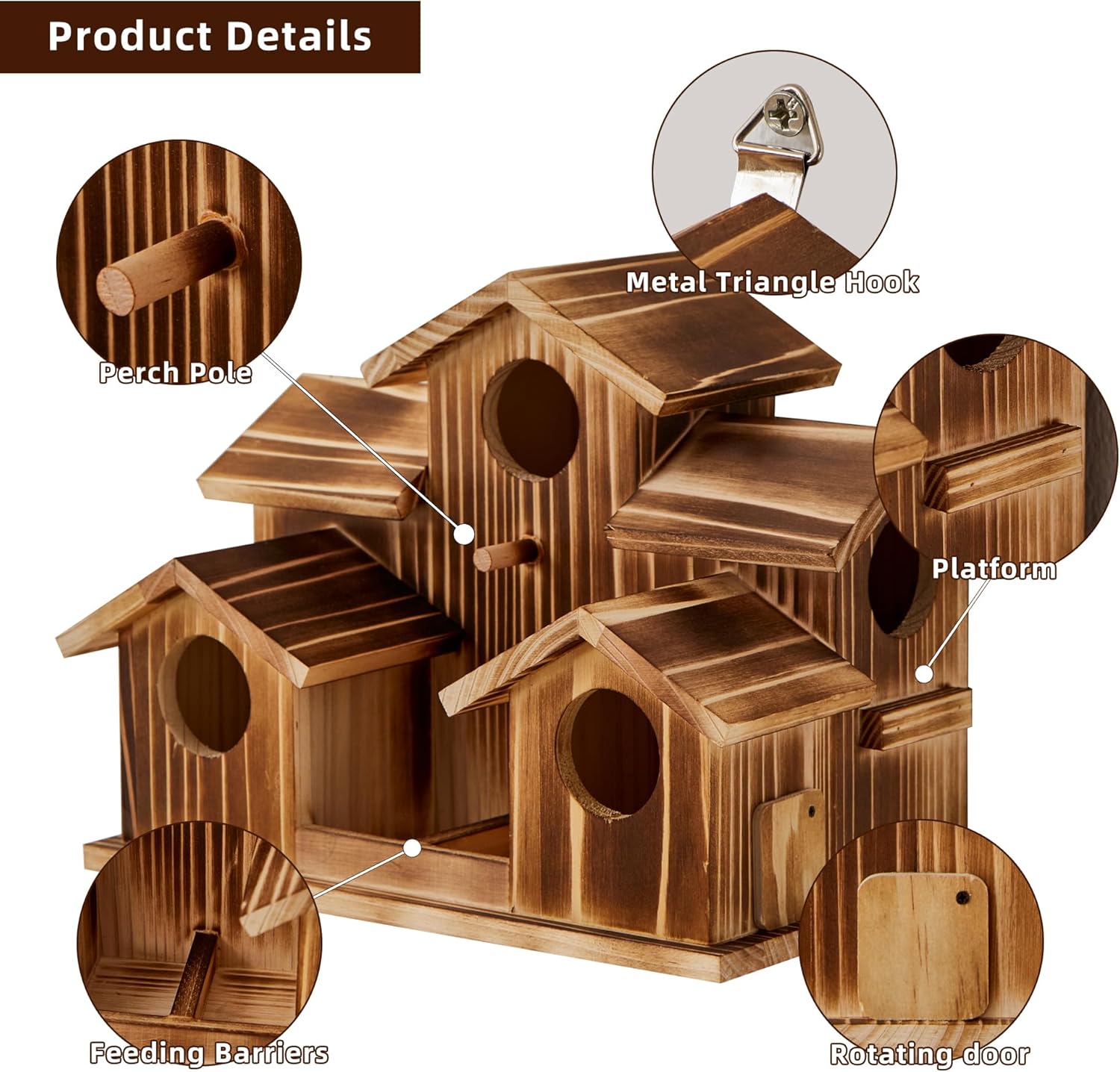 Bird House for Outside 5 Hole Bird Houses Room for 5 Bird Families Large Bird House for Garden/Courtyard/Backyard for Garden Decor-Finch Bluebird Cardinals Handmade Wooden Hummingbird House