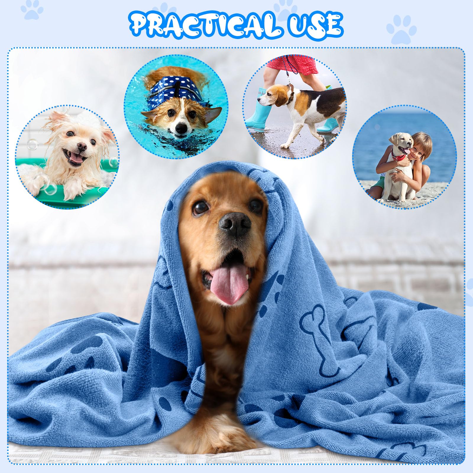 Lot de 12 serviettes de séchage en microfibre pour chien, chiot et chat de petite, moyenne et grande taille, 71,1 x 149,7 cm (bleu, patte, os)