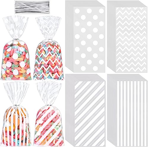 Miniatura 1 de Aodaer 100 bolsas de celofán blanco, bolsas de regalo de plástico para dulces, bolsas de celofán con lazos torcidos, rayas, lunares, estampado de