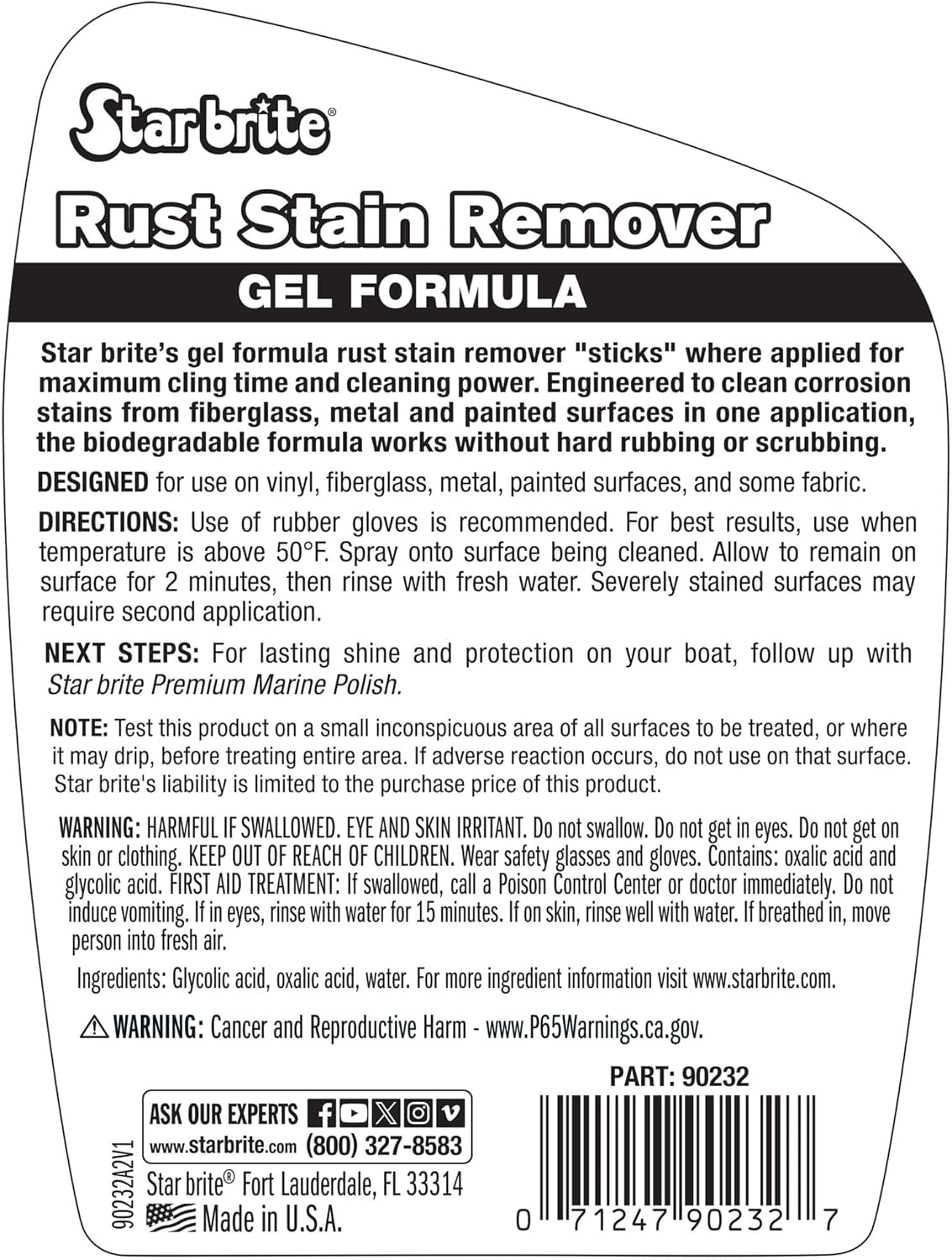 STAR BRITE Rust Stain Remover Gel Formula – Clinging Rust Cleaner for Fiberglass, Metal, Vinyl, Painted Surfaces & More, Fast-Acting Marine-Grade Stain Removal