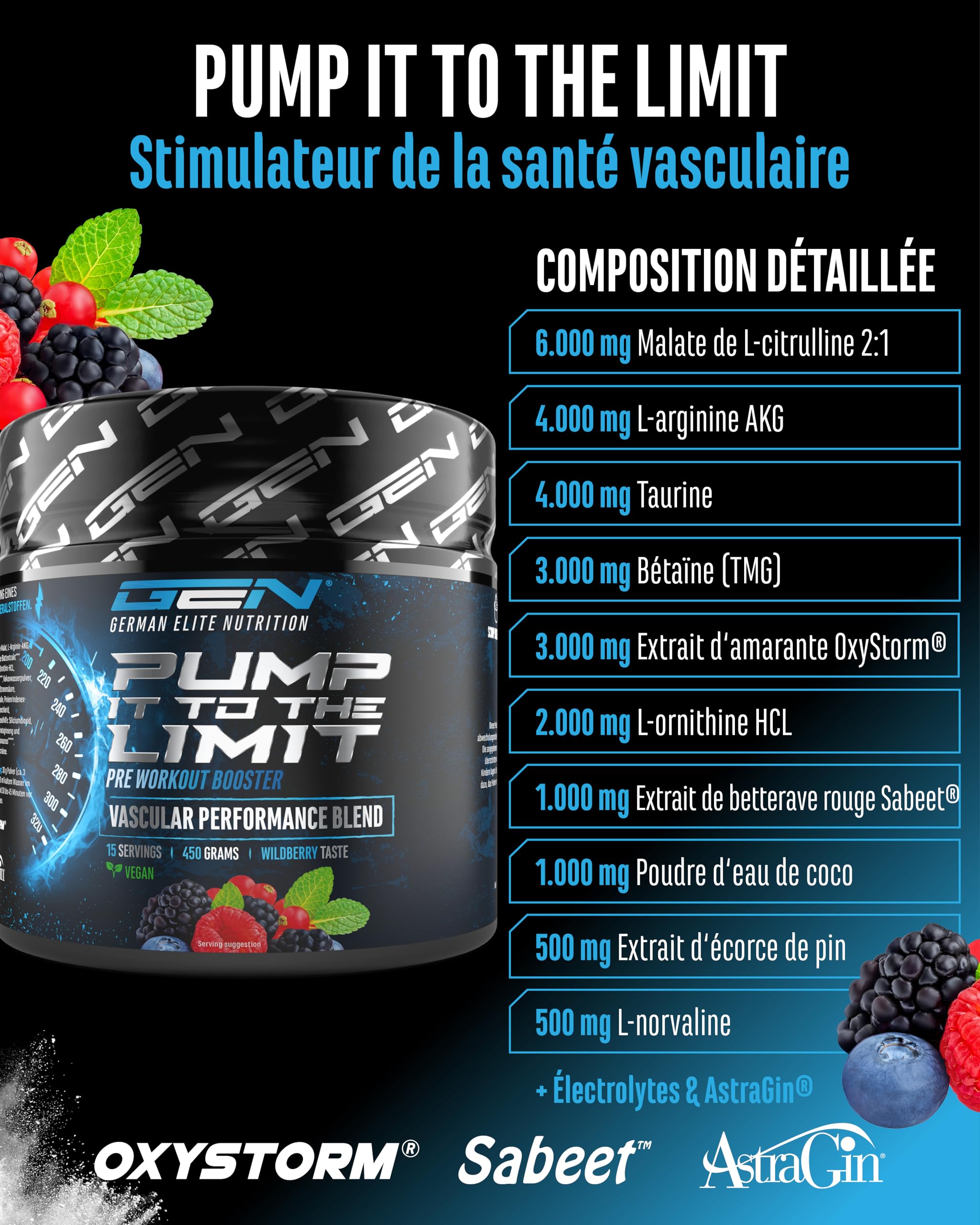 Pump it to the Limit - Pump Booster Sans Caféine - Avec OxyStorm®, Sabeet®, AstraGin®, Citrulline Malate & AAKG - Pre Workout Sans Stimulants pour un Pump Maximal - 450 g Wildberry