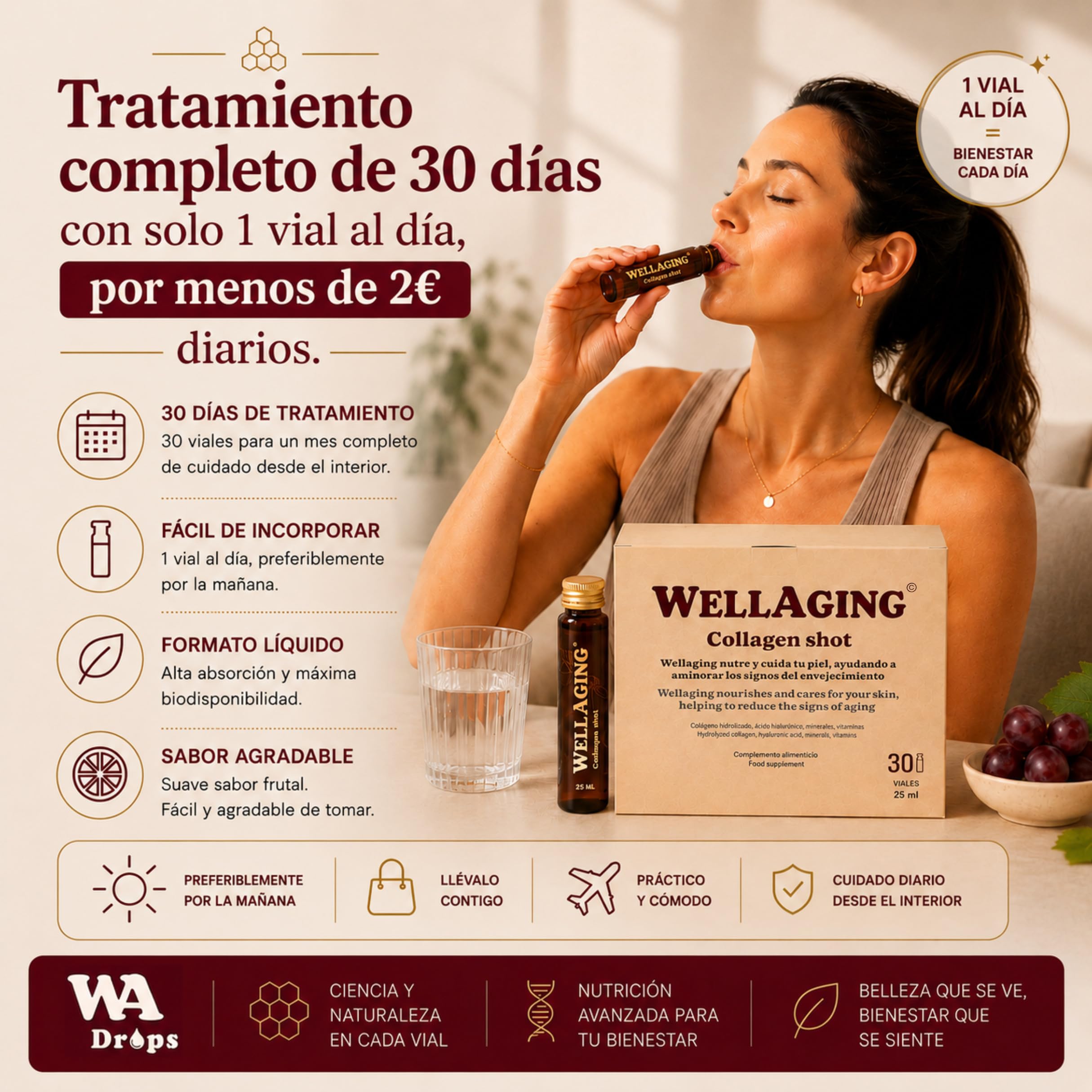 WellAging 30 Viales Colágeno Bovino Hidrolizado Tipo 1 5000 mg con Ácido Hialurónico, Vitamina C, Zinc y Biotina · Colageno Bebible Liquido · Piel, Cabello, Uñas y Articulaciones · Fabricado en España