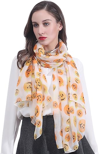Lina & Lily Halloween Pumpkin Print Womens Scarf Shawl Wrap Lightweight