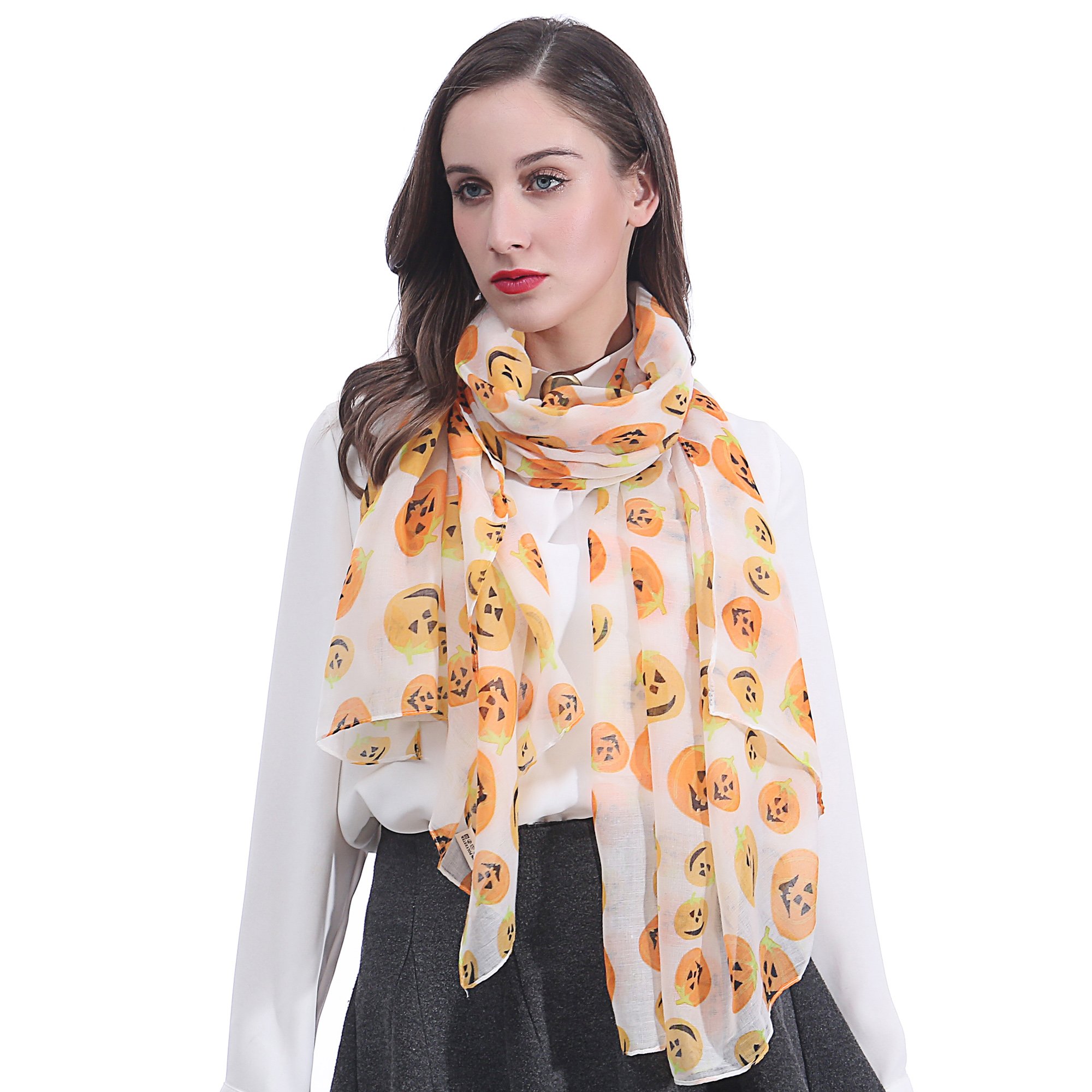 Lina & Lily Halloween Pumpkin Print Women's Scarf Shawl Wrap Lightweight (White)