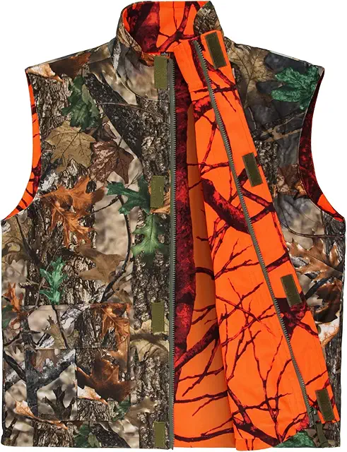 Gilet de Chasse Réversible Orange Camo, Multi-Poches pour Pêche et Camping