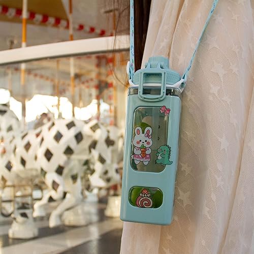 Miniatura 6 de Lindas botellas de agua con popote Kawaii para niñas, botella de agua portátil a prueba de fugas sin BPA con correa ajustable para el hombro y