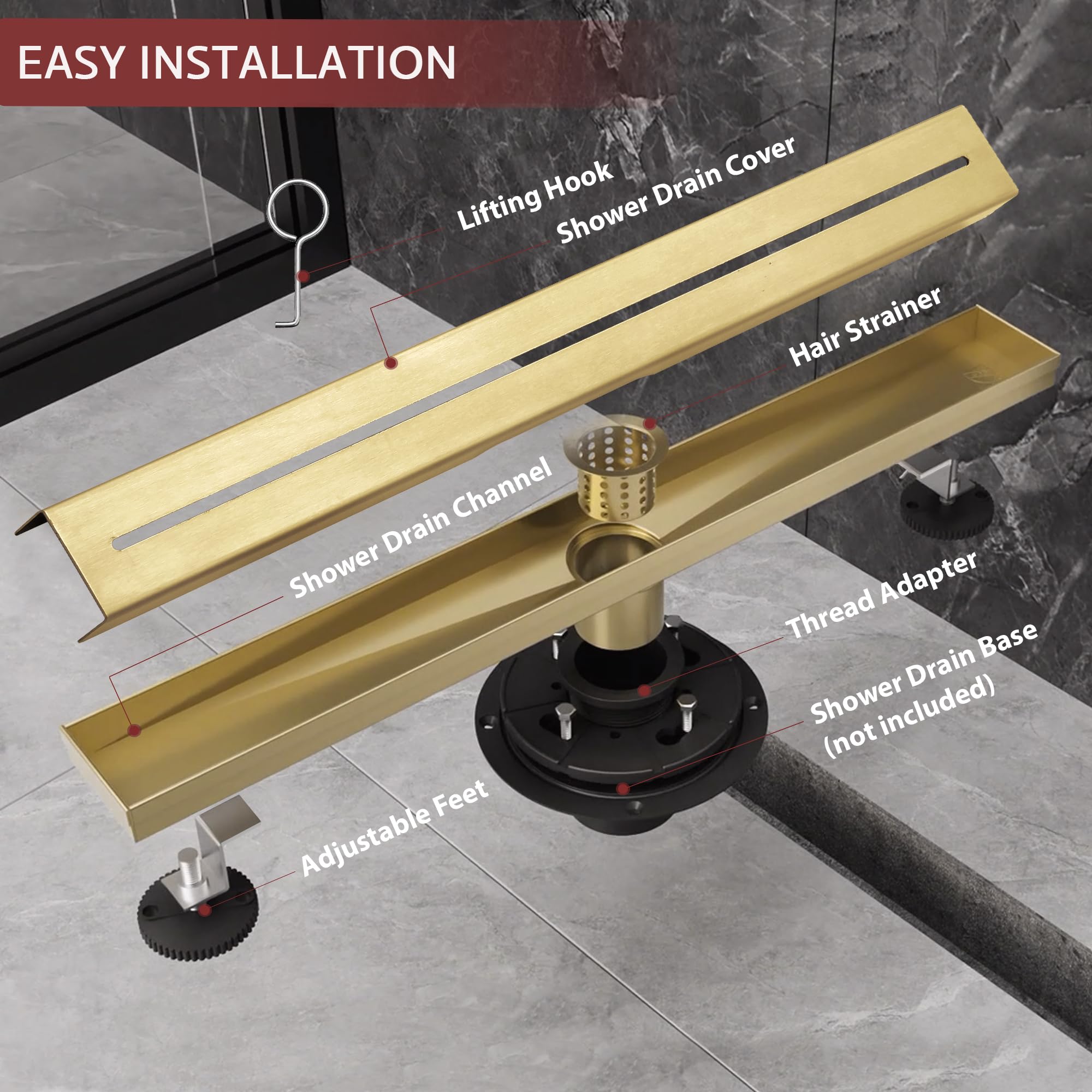 Scarico doccia 300x68mm Scarico a pavimento Spazzolato Oro Canale