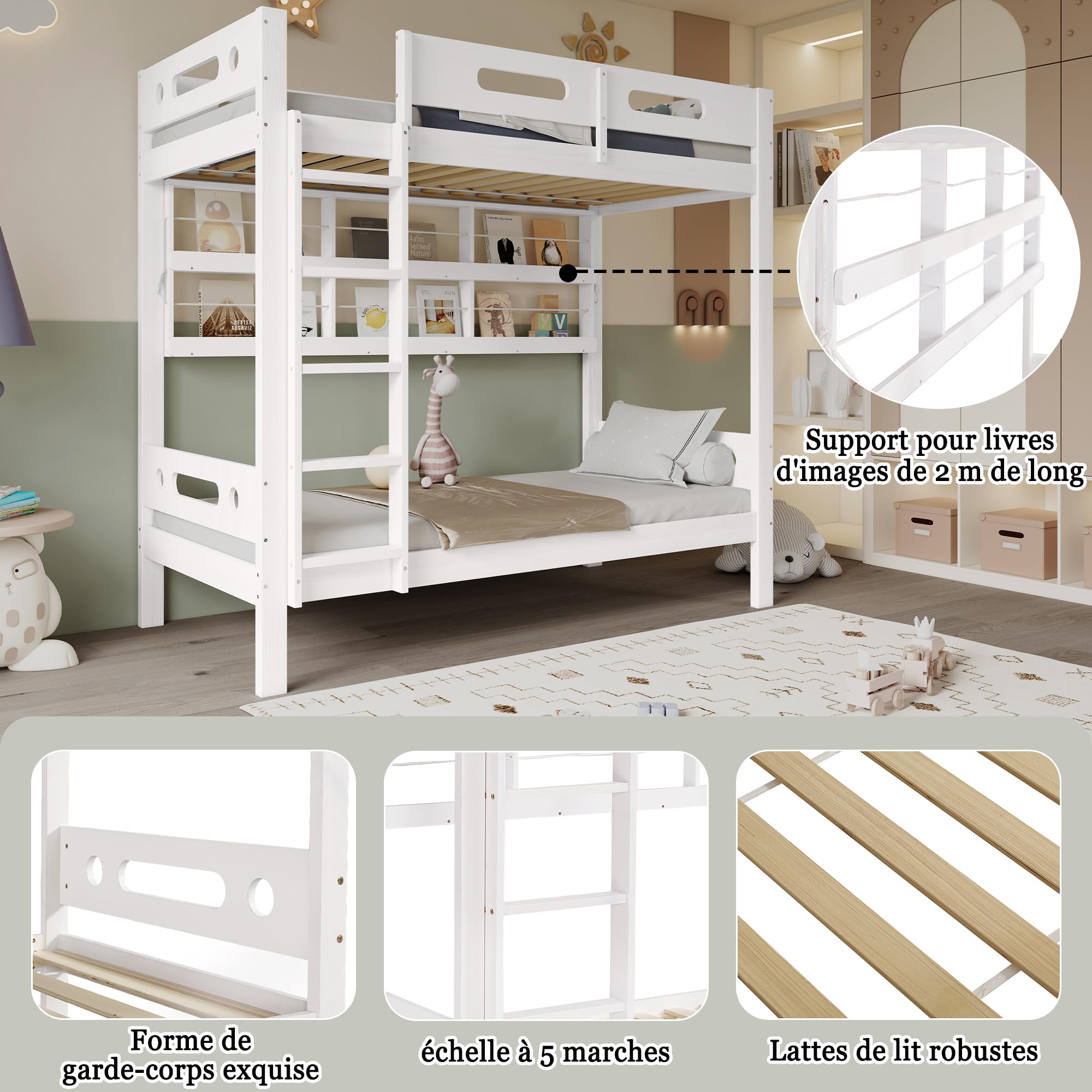 Azkoeesy Letto a castello con libreria per ragazzi e adulti, colore bianco, 90x200 cm - con sponda e doghe - legno di pino - portata massima 120 kg