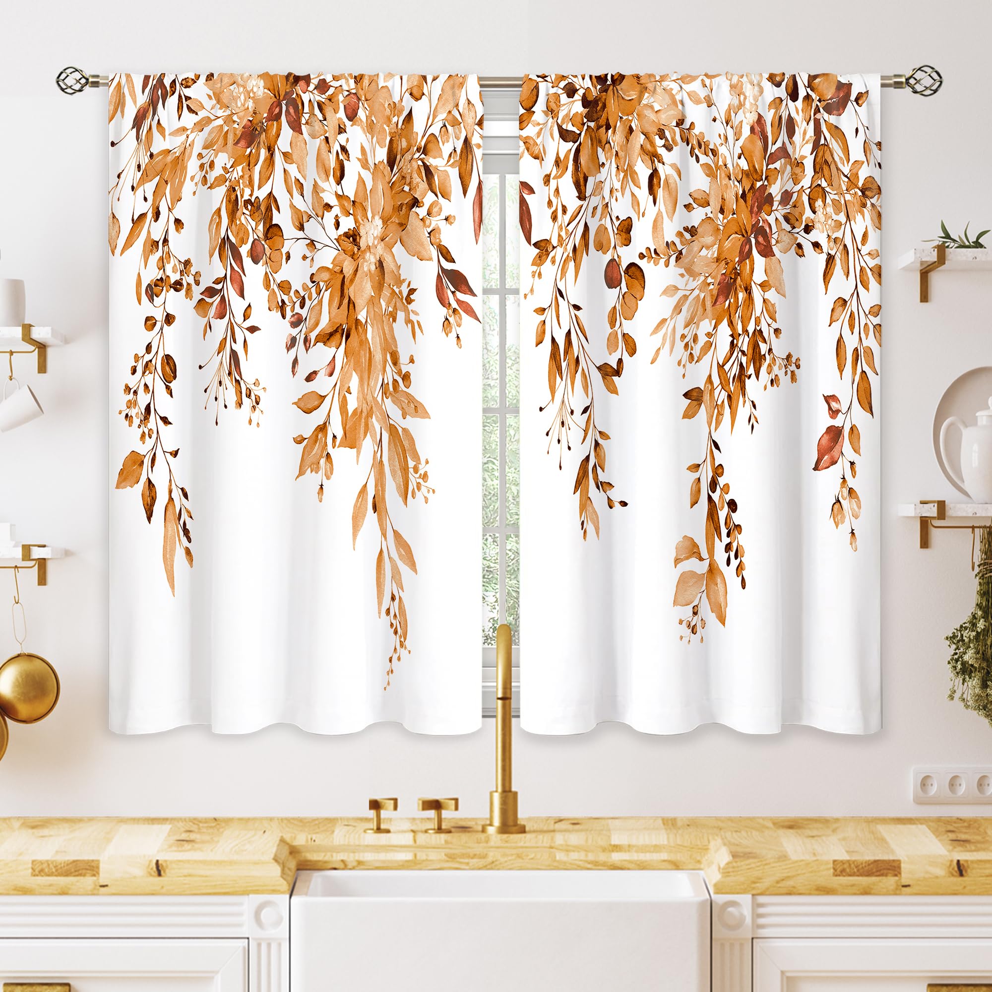 oolygoo Orange Eucalyptus Botanical Leaves Floral Kitchen Window Curtains Over Sink Farmhouse Flower Fall Small Window Treatment Cafe Short Curtains