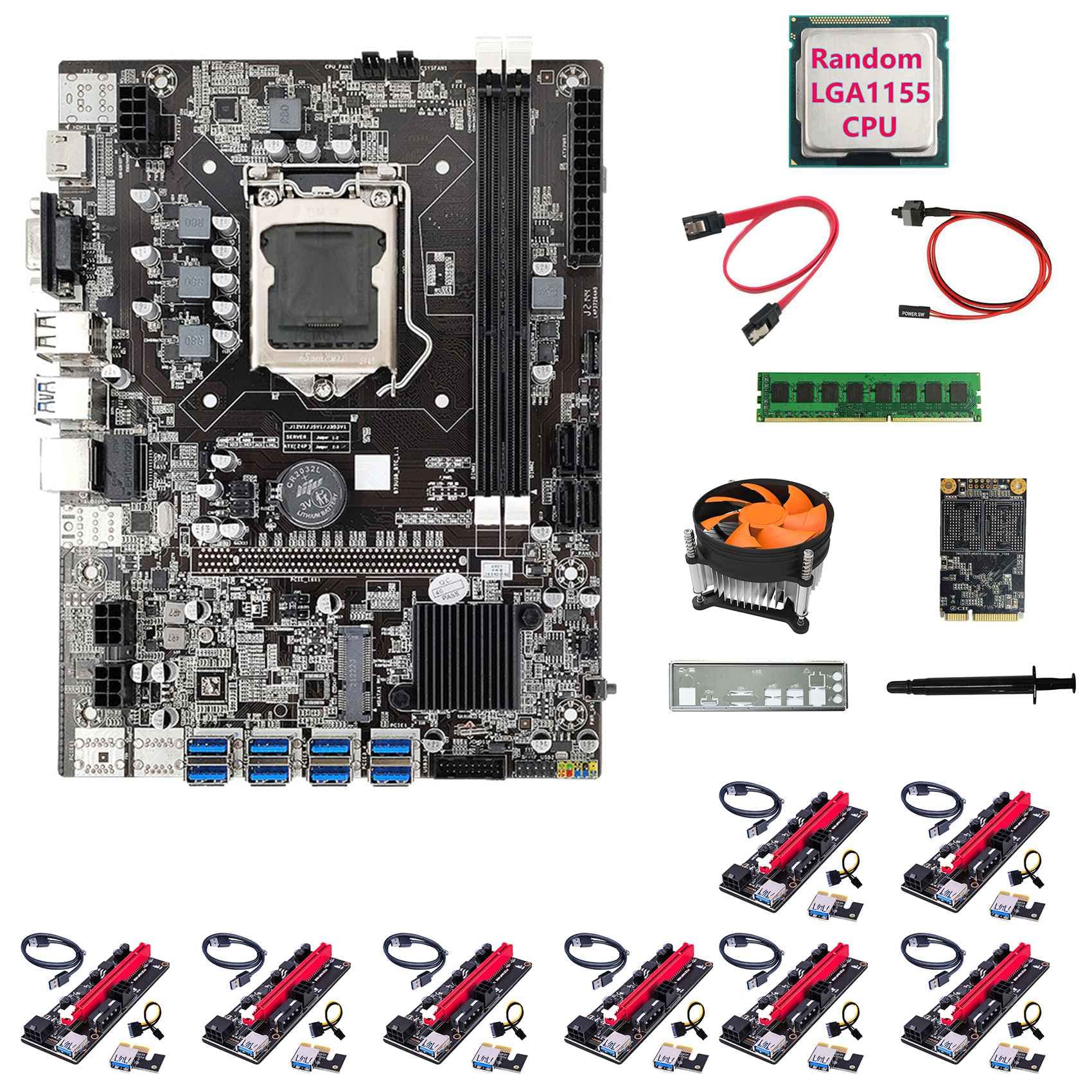 Carte MèRe B75 8USB ETH Miner + CPU + 8XVER009S Riser Card + DDR3 4 Go de RAM + 128 Go SSD + Ventilateur + Câble SATA +Câble de Commutation+Graisse Thermique