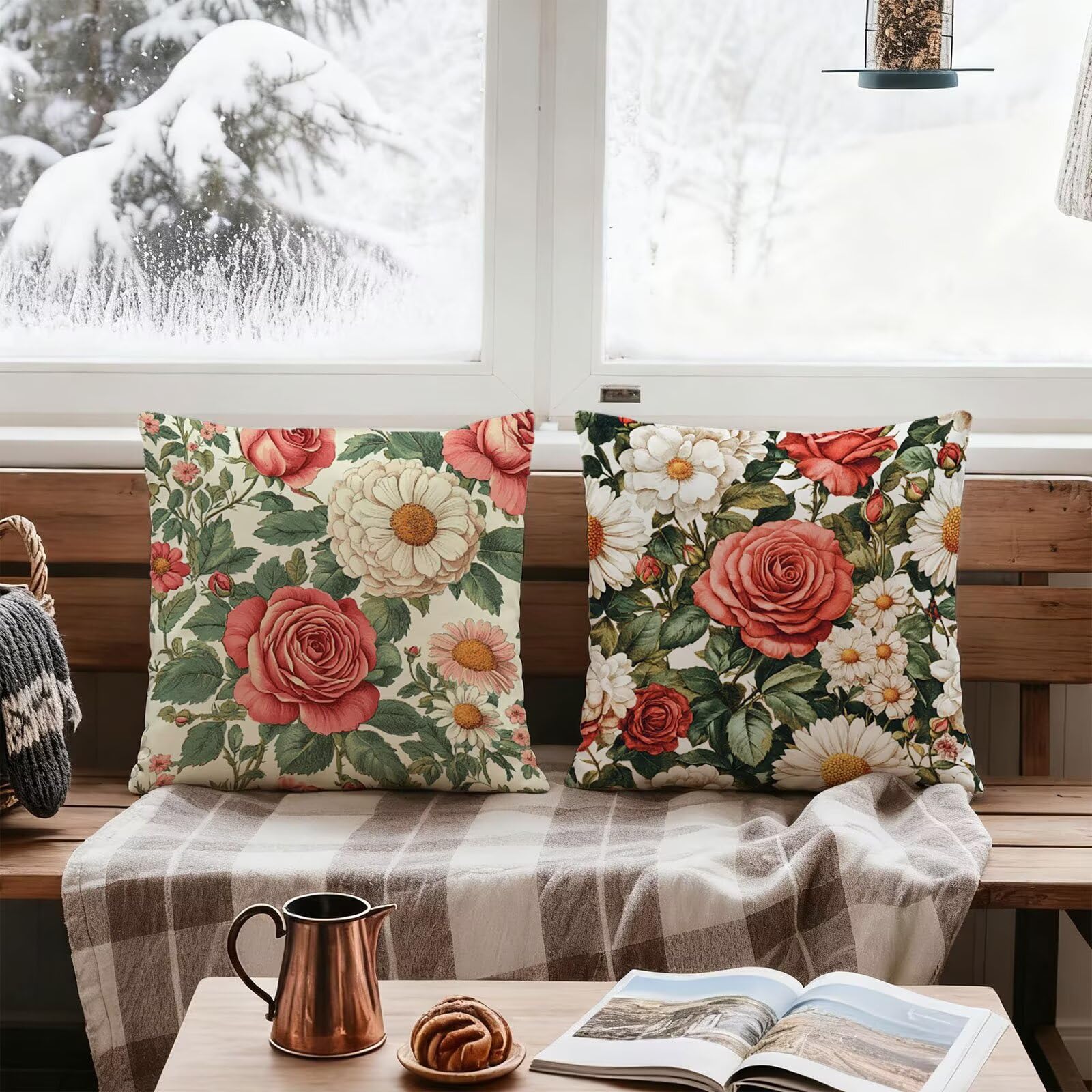 Rose Housse Coussin 60x60 Fleur Taie Oreiller 60x60 Lot de 4 Super Doux Protege Oreiller 60 x 60 Decoration Automne Taie D'oreiller Carrées Coussin Canape, pour Maison Chambre Canapé Chaise E - 780
