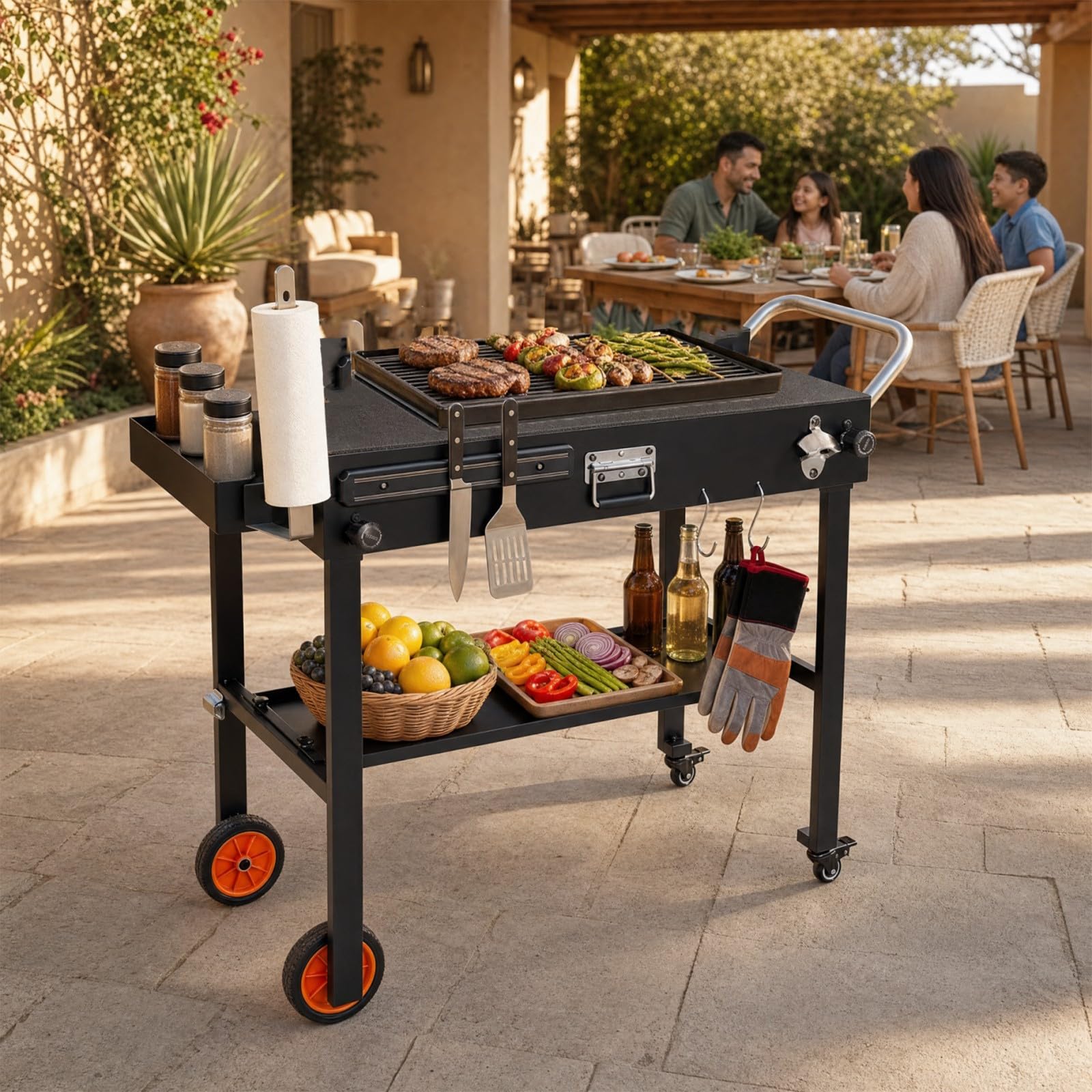 KOMFOTTEU Carrello Barbecue da Esterno Pieghevole con Ruote | Carrello per Grigliate con Ripiano Aperto, 7 Ganci e Tovaglietta Resistente al Calore, per BBQ, Picnic e Feste
