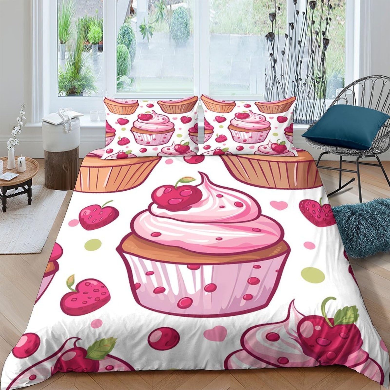 Ctjqhvkz Style-4 3D Printed Pink Cupcake Fitted Sheet Microfiber Soft Cherry Strawberry Bed Cover For Bedroom Dorm Mattress Protection Decor Single（135X200cm）