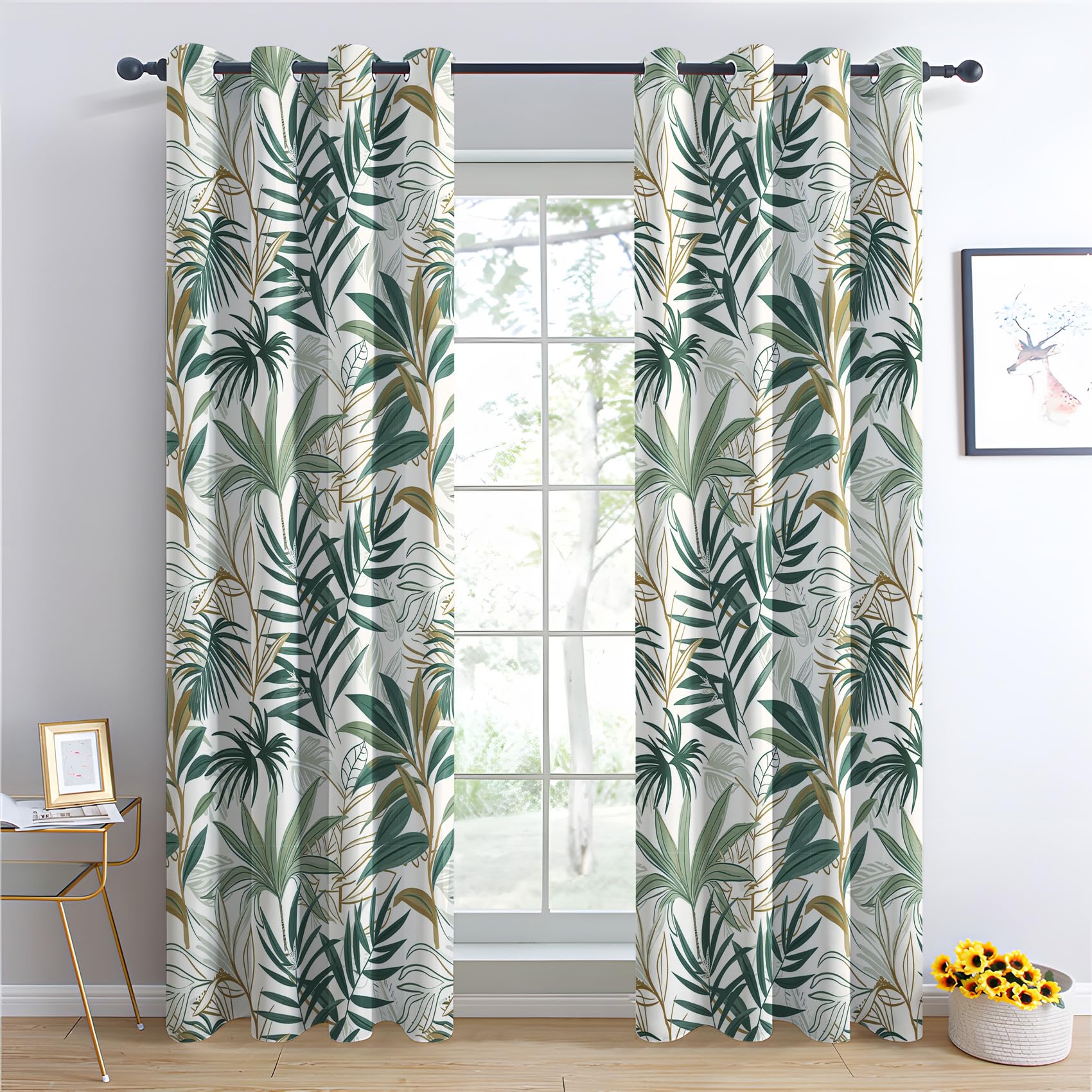 Rideau Occultant Jungle Tropicale - Lot de 2 Rideaux Tropical Plantes, Occultants Thermique Oeillets, Fenetre Decoration Interieur Maison Chambre Salon, 110x215 cm (L x H)