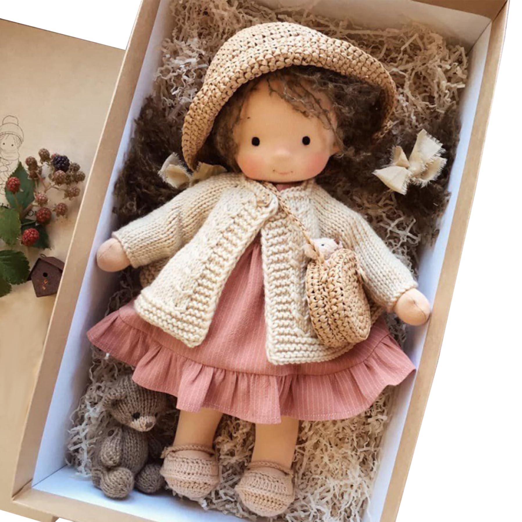 Poupée de chiffon avec boîte 11x2x5 Ragdoll avec chapeau, sac, chaussures et plus de décoration Jouets poupée en peluche mignons pour bébés et tout-petits Idéal anniversaire Noël, poupées migno