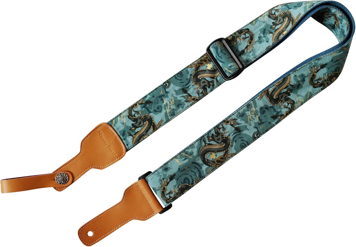 MUSIC FIRST Original Design, 2 inch width (5cm), Ukiyoe Style “The Dragon King” Soft Muslin & Genuine Leather Delux Guitar Strap,Electric Guitar Straps
