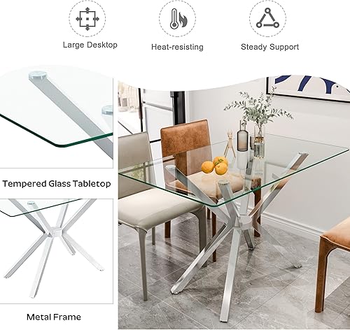 Miniatura 7 de Juego de comedor de 5 piezas de vidrio moderno de lujo, juego minimalista de mesa de comedor rectangular para 4, juego de mesa de cocina de 47'' con