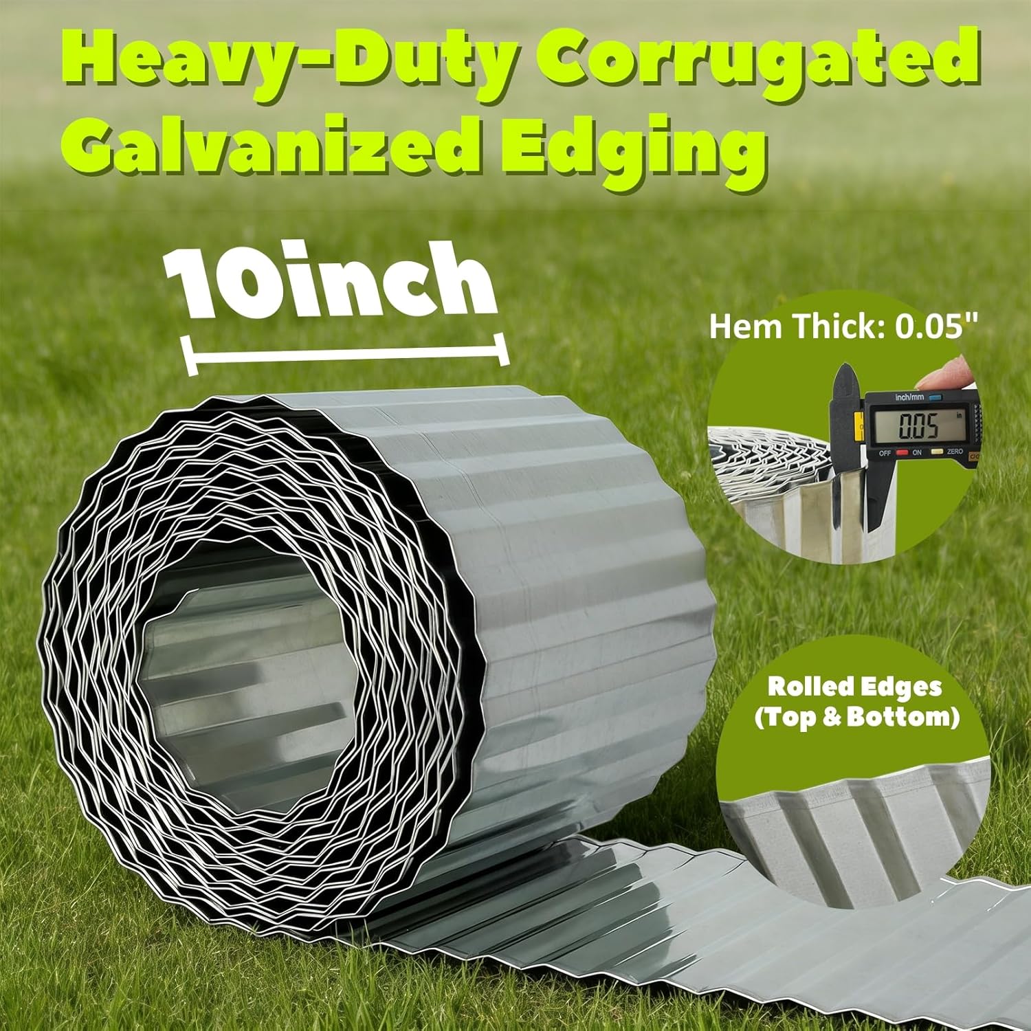 A ANLEOLIFE 40FT Galvanized Steel Landscape Edging Roll, 10" Tall Sturdy Flexible Corrugated Metal Lawn Border for Garden, Pathway & Flower Beds, Silver