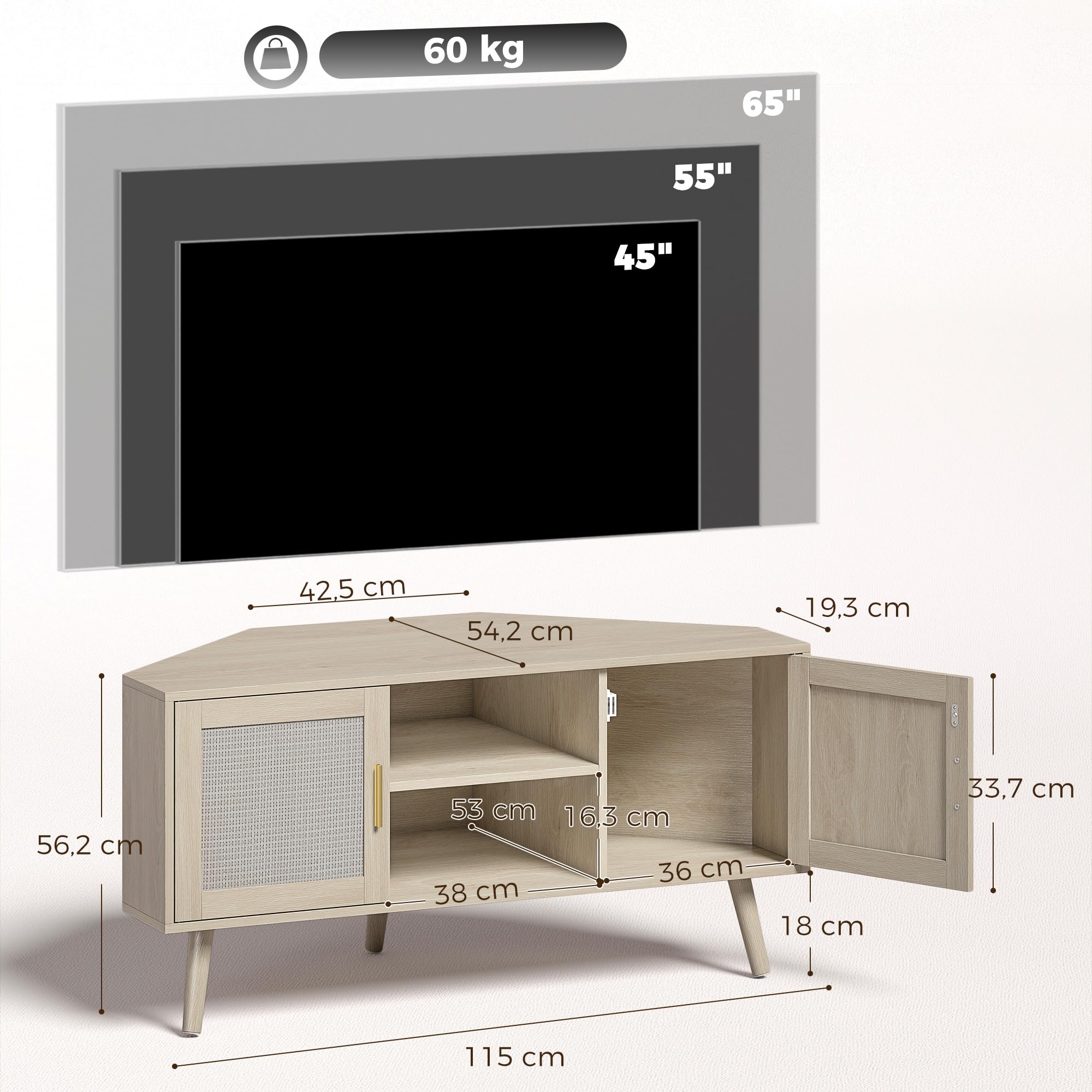 HOMCOM Meuble TV d'angle 115 cm pour Téléviseur jusqu'à 65 Pouces Chêne