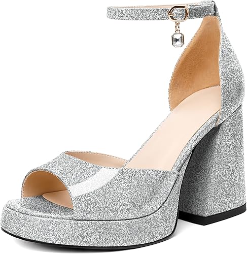 Eldof Tacones gruesos de plataforma para mujer, sandalias de tacón abierto con correa al tobillo, tacones altos gruesos, zapatos de vestir para