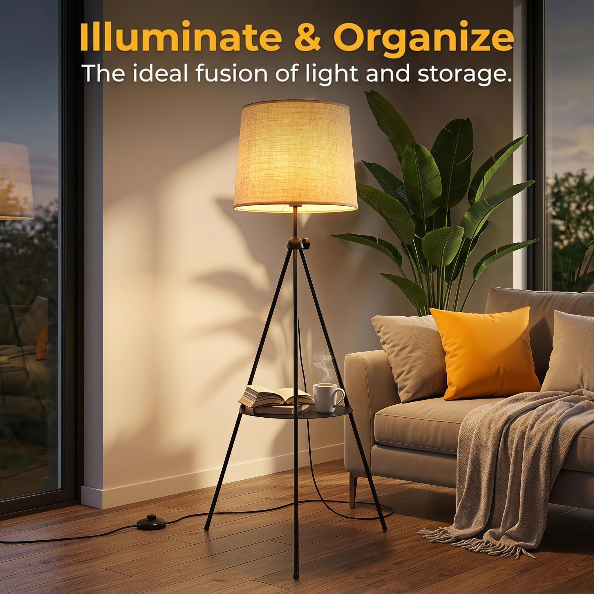 BARCELONA LED Stehlampe Madison Beige Mit Beistelltisch | Beiger Textilschirm, Stabiles Dreibeingestell, Höhenverstellbar, E27 Fassung, Angenehmes Raumlicht
