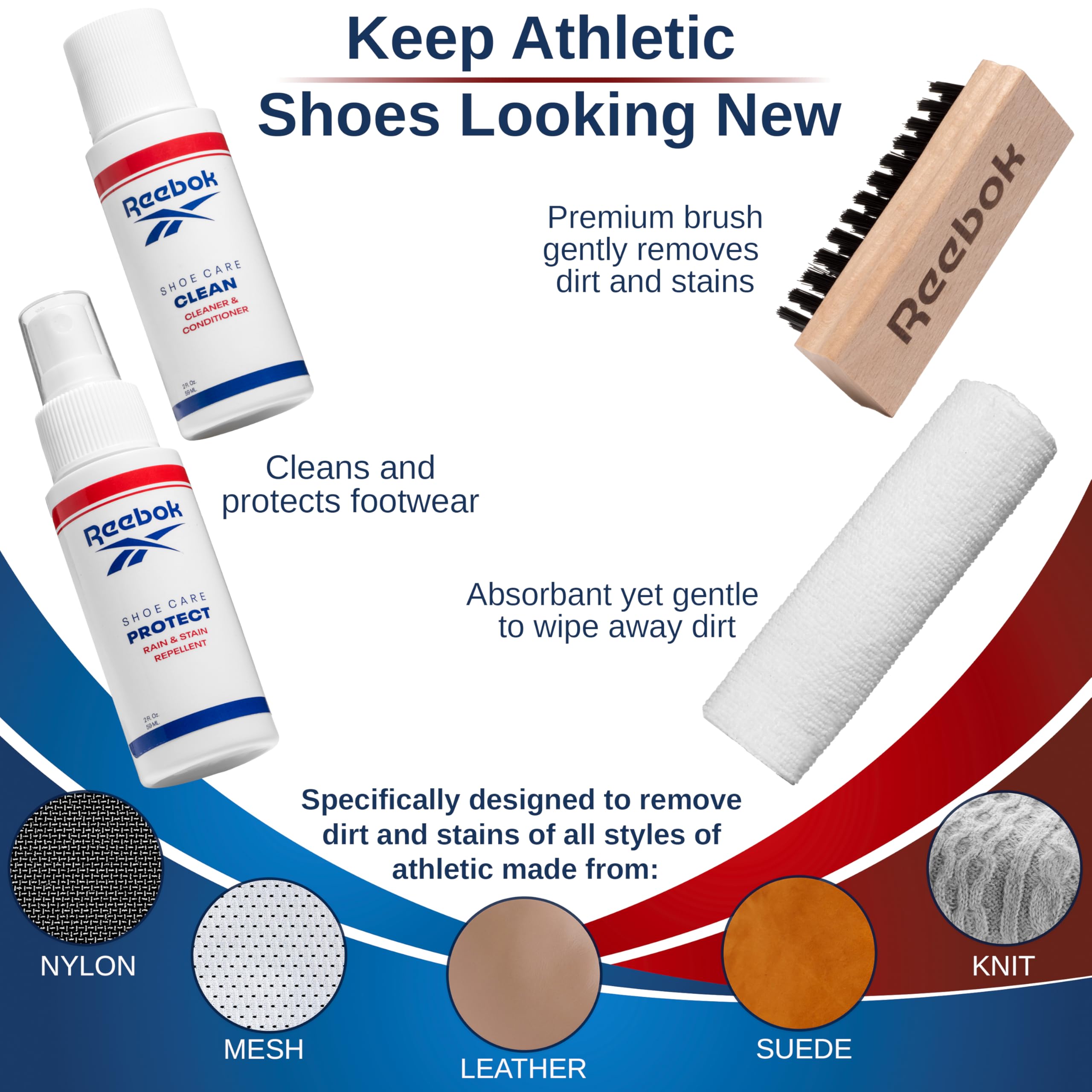 Reebok Athletic Kit - Kit de limpieza de zapatos para tenis, malla, cuero, gamuza y lona - Kit de limpieza de zapatos, incluye limpiador de zapatos de 2 onzas, spray protector de zapatos de 2 onzas,