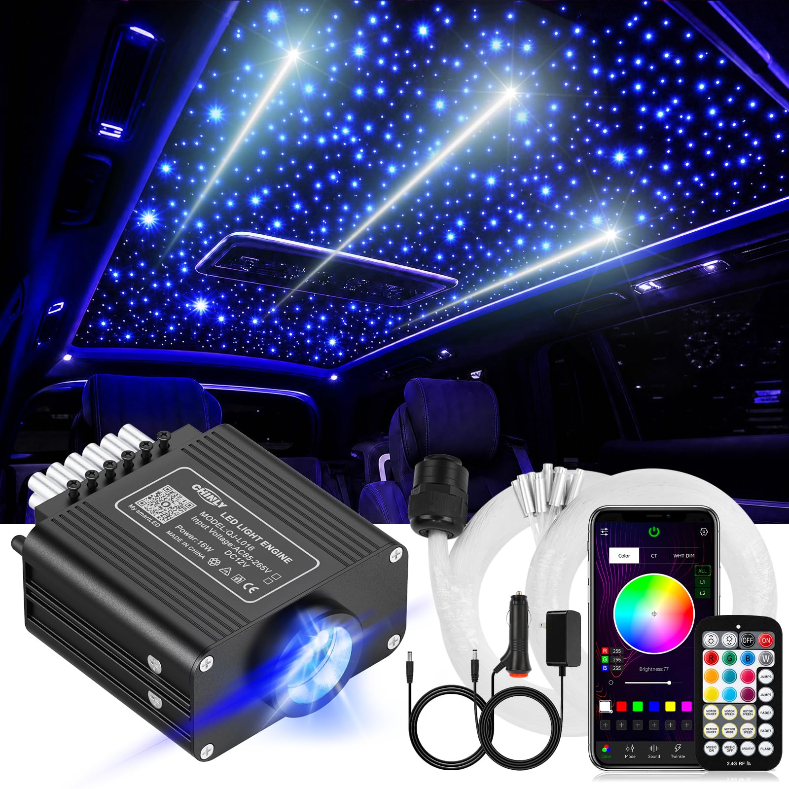 CHINLY 2-in-1 Meteor Twinkle 400pcs Starlight Headliner Kit 9.8ft 0.03in Starlights RGBW Fiber Optic Lights+96pcs Shooting Stars, APP+Remote Control Star Headliner Kit, Car Star Lights for Car Roof