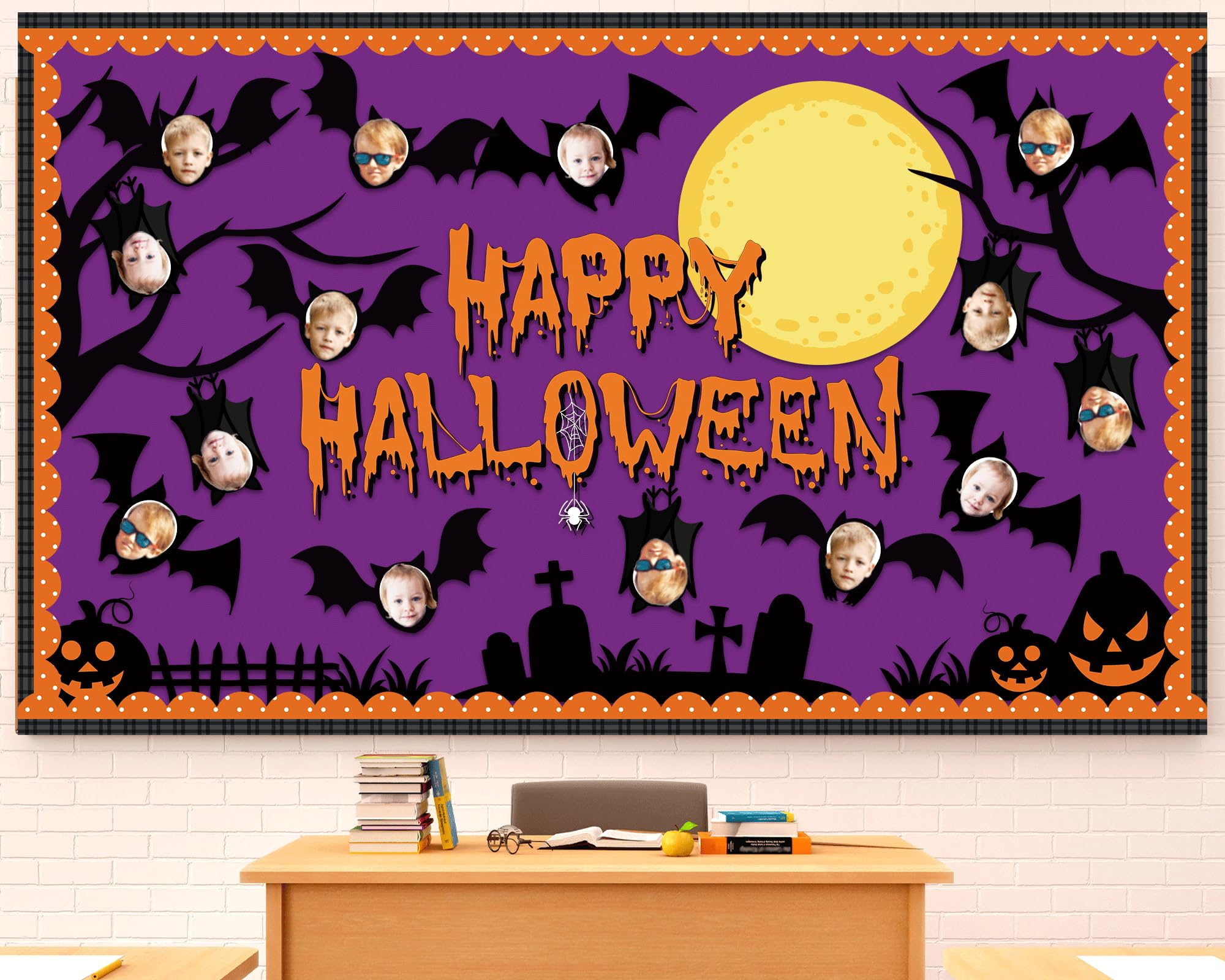 Happy Halloween Bulletin Board Decorations Set Bat Pumpkin Tree Paper Cutouts for Posting Photo Bat Cutouts with October Halloween Cemetery Scene for School Classroom Chalkboard Wall Decor Supplies