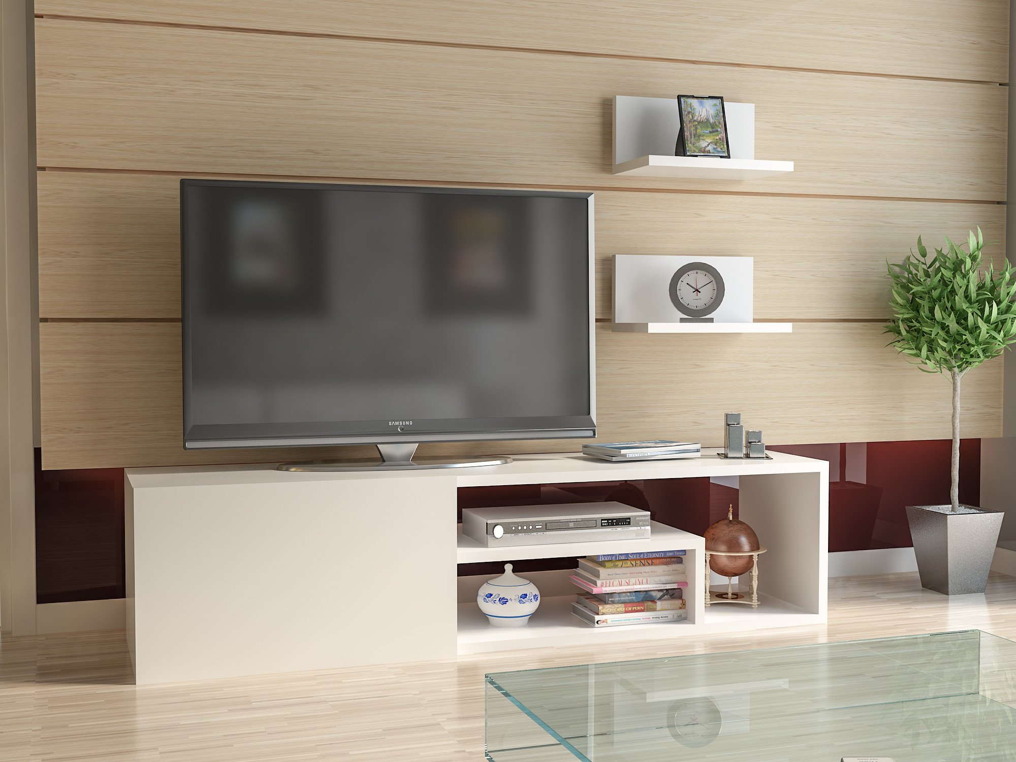 Hanah Home Modern White TV Unit with Wall Shelves, 120 cm, 100% Melamine Coated Particle Board, 18 mm Thick, Stylish & Functional Storage Solution for Living Room