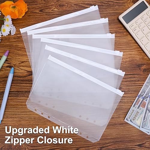 Miniatura 4 de Antner 20 bolsillos A5 para carpeta de 6 agujeros, sobres de relleno de efectivo para organizador de dinero, carpetas blancas con cremallera,